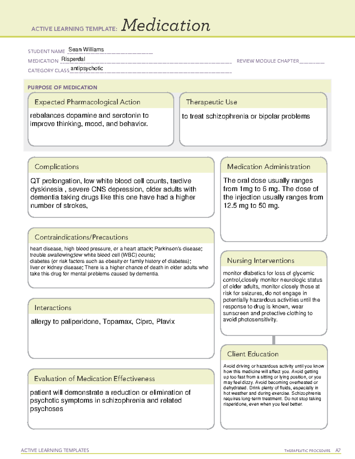 ATI Medication Template Risperdal ACTIVE LEARNING TEMPLATES