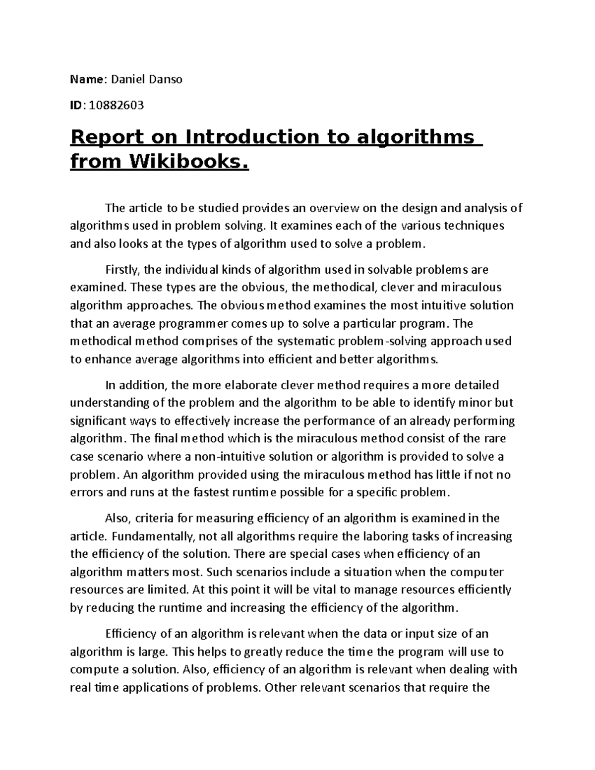 Activity 3Report - 10882603 - Name: Daniel Danso ID: 10882603 Report on ...