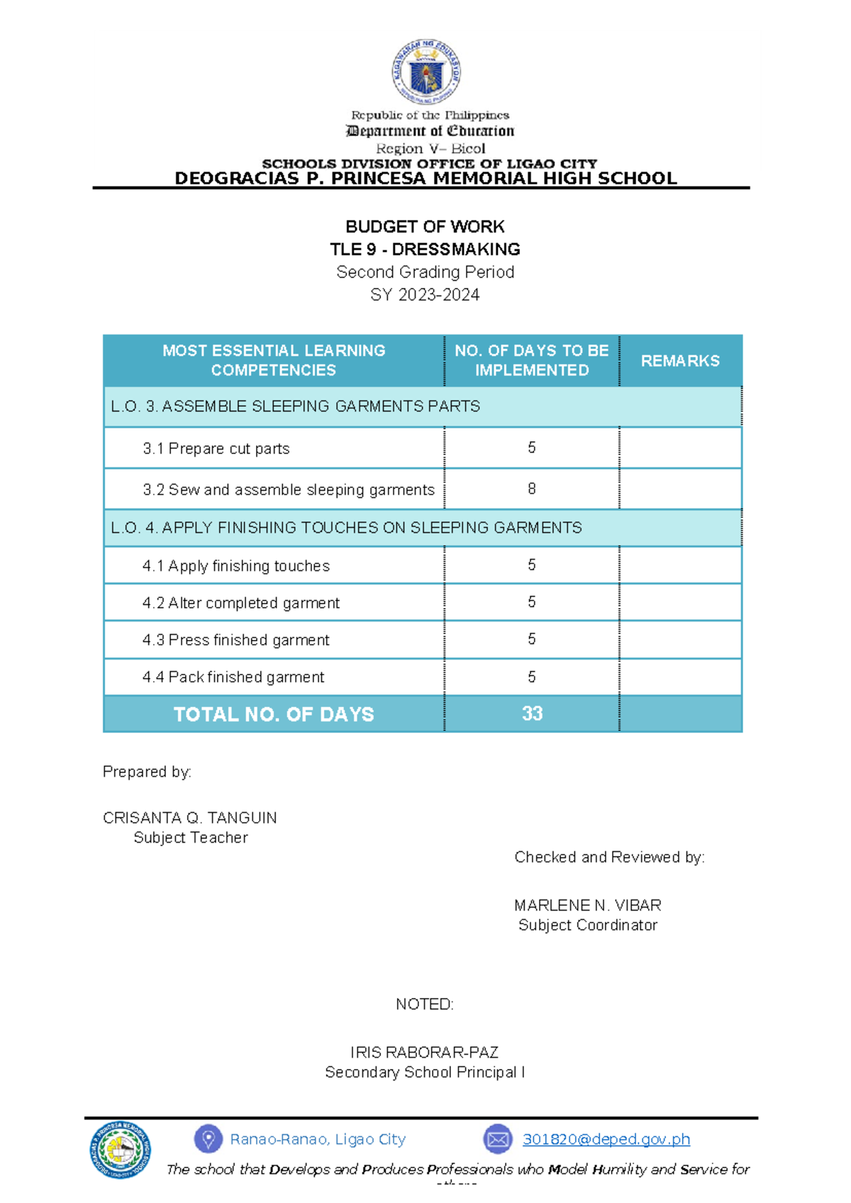 Budget of work D9 Q2 - Ranao-Ranao, Ligao City 301820@deped.gov The ...