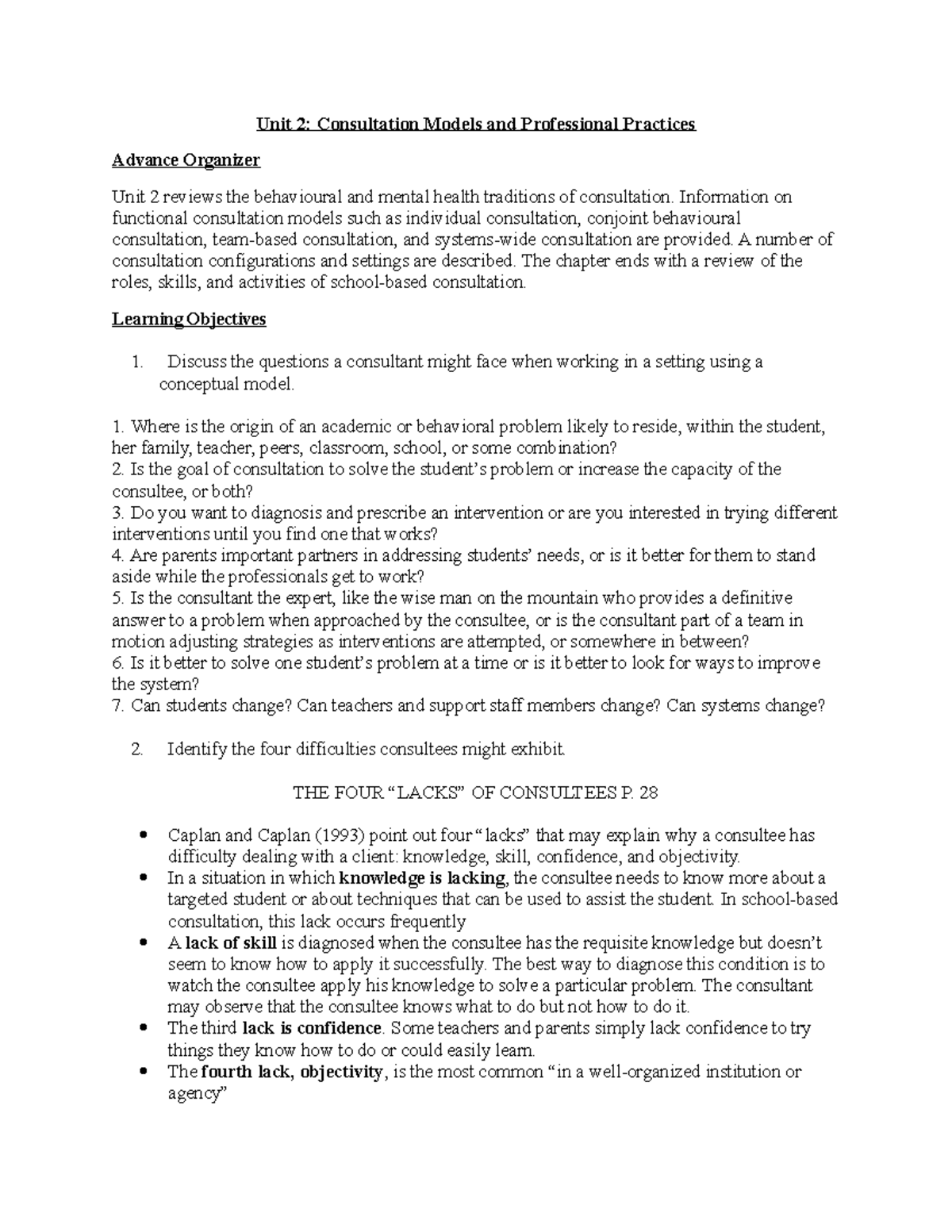Unit 2 Consultation Models and Professional Practices Unit 2