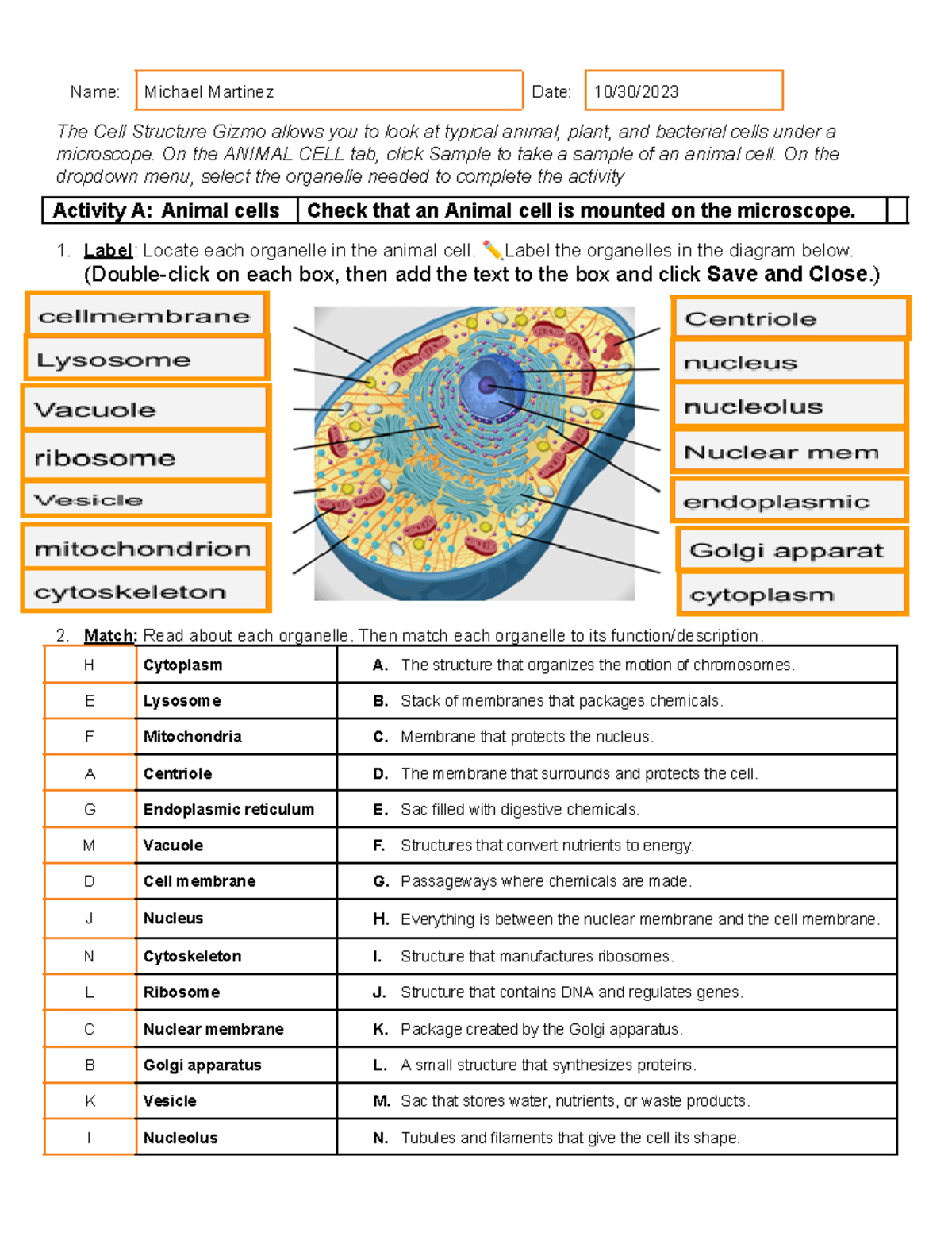 Cell Structure Gizmo Student Doc - Name: Michael Martinez Date: 10/30 ...