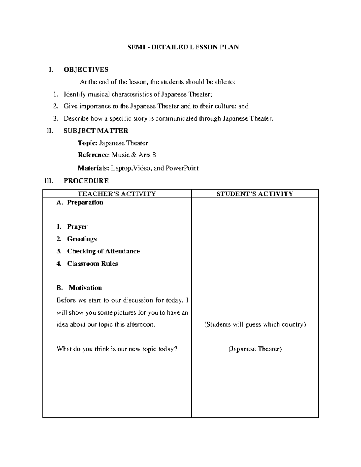 Semi Detailed Lesson Plan Grade 8 Mapeh Semi Detailed Lesson Plan I Objectives At The End 9251