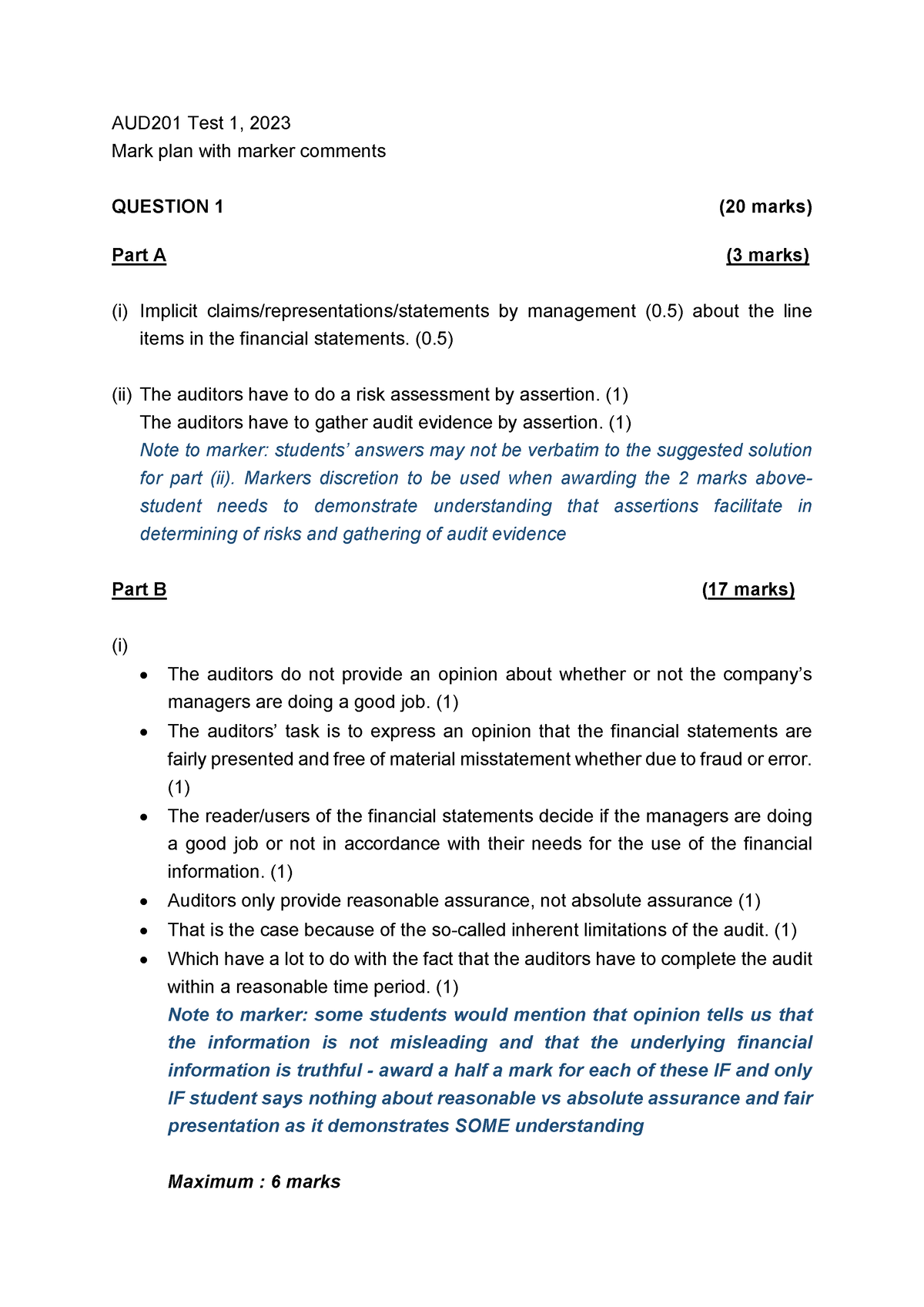 Test 1 Solution - AUD201 Test 1, 2023 Mark plan with marker comments ...