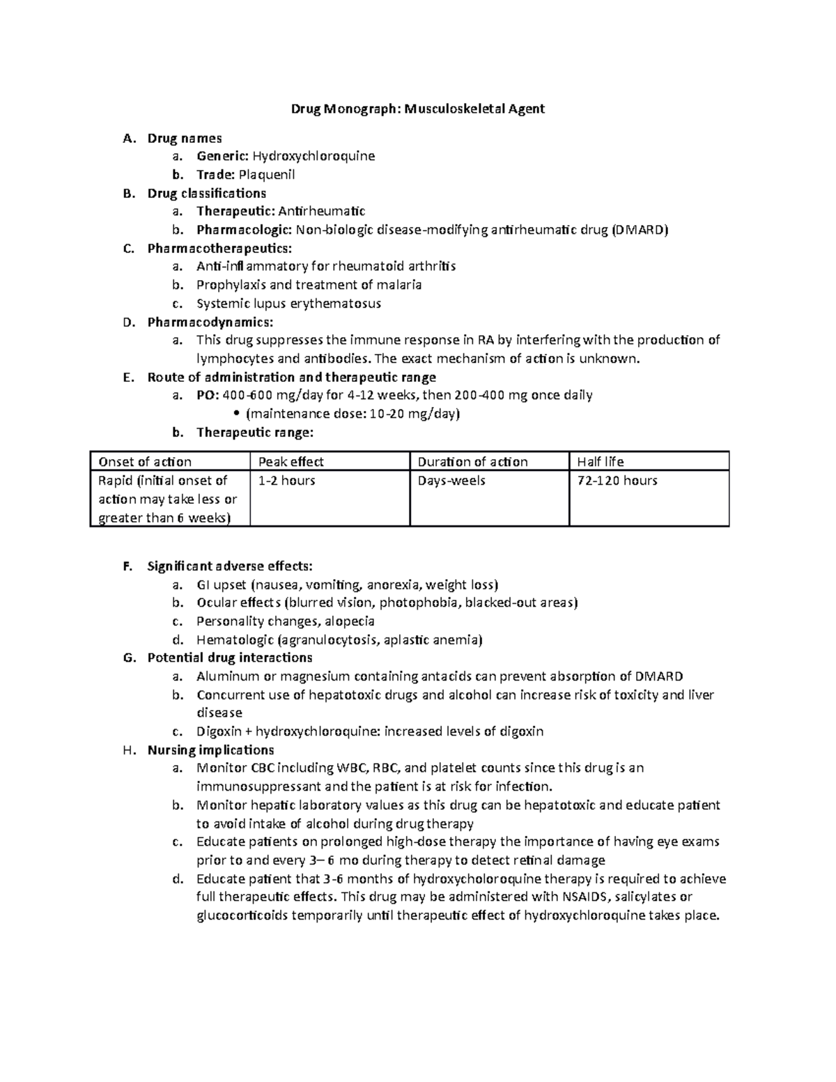 Drug Monograph Musculoskeletal Drug names a. Generic