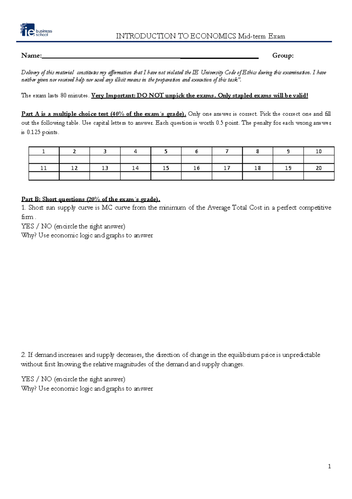 H Mock Midterm Exam Shortquestions& Problems - INTRODUCTION TO ...