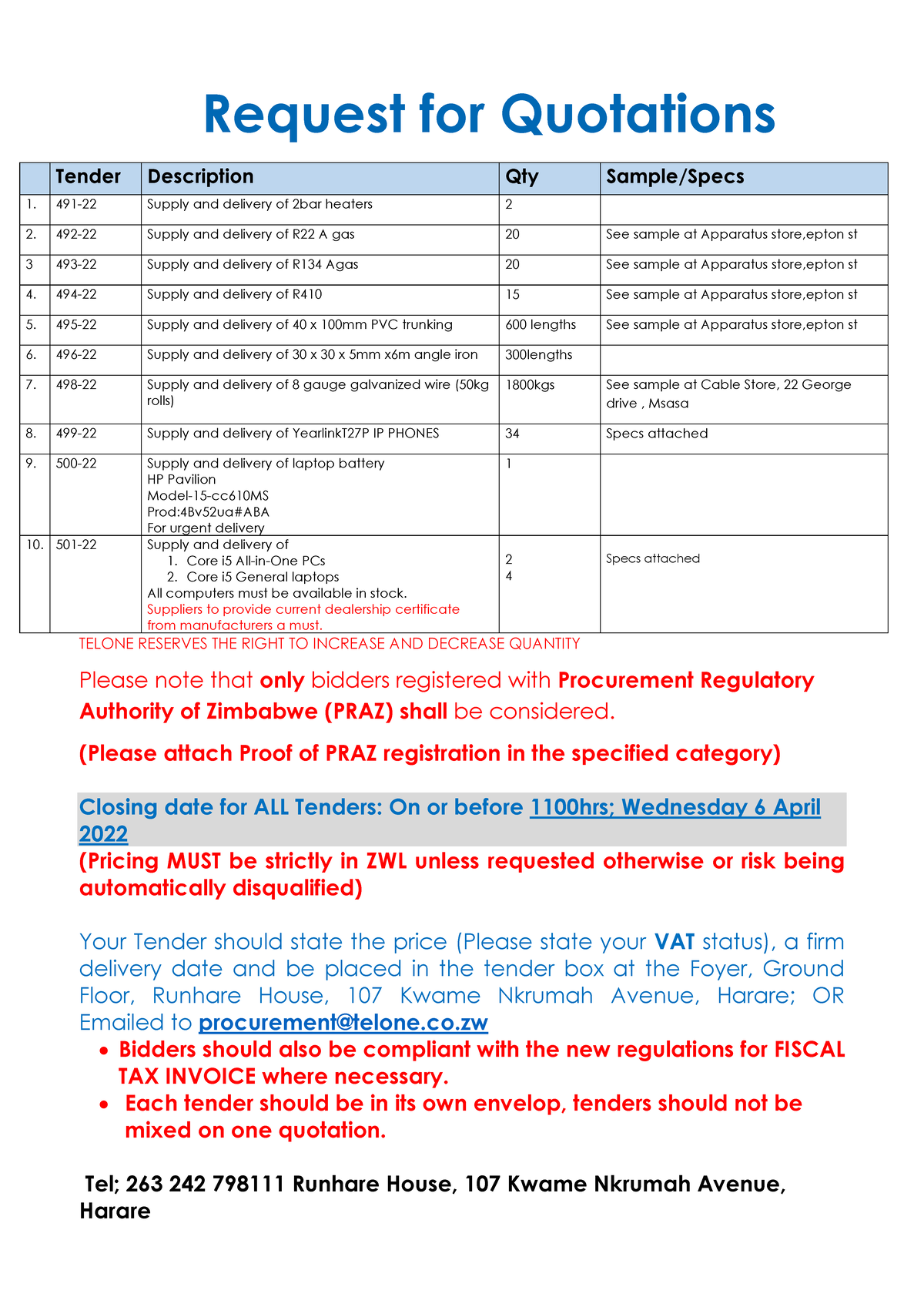 Tender - fine - Request for Quotations Tender Description Qty Sample ...