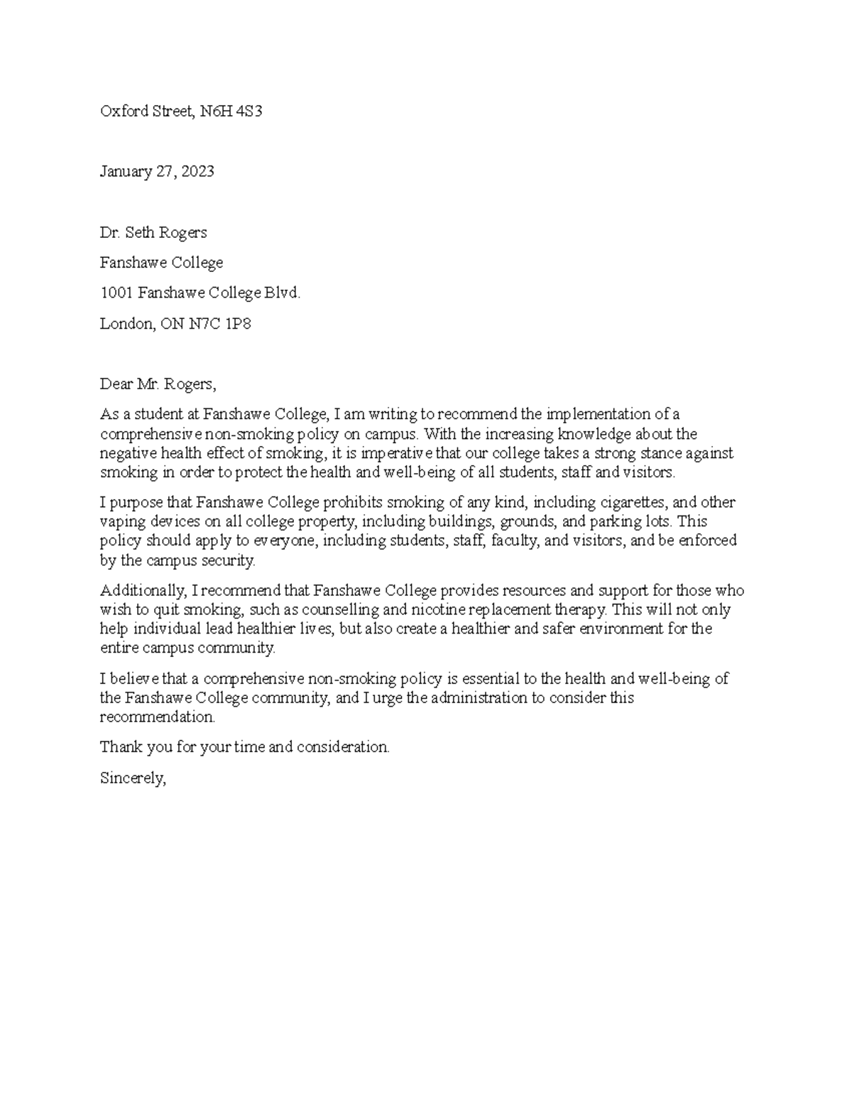 Communication letter - Oxford Street, N6H 4S January 27, 2023 Dr. Seth ...