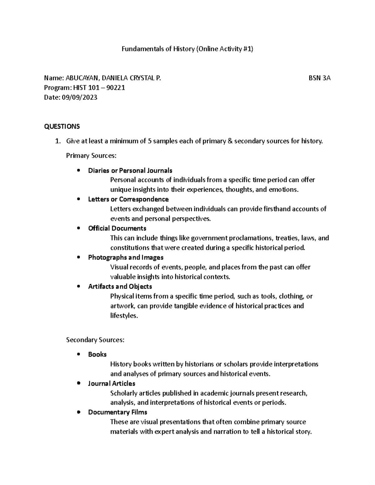 Fundamentals of History - BSN 3A Program: HIST 101 – 90221 Date: 09/09 ...