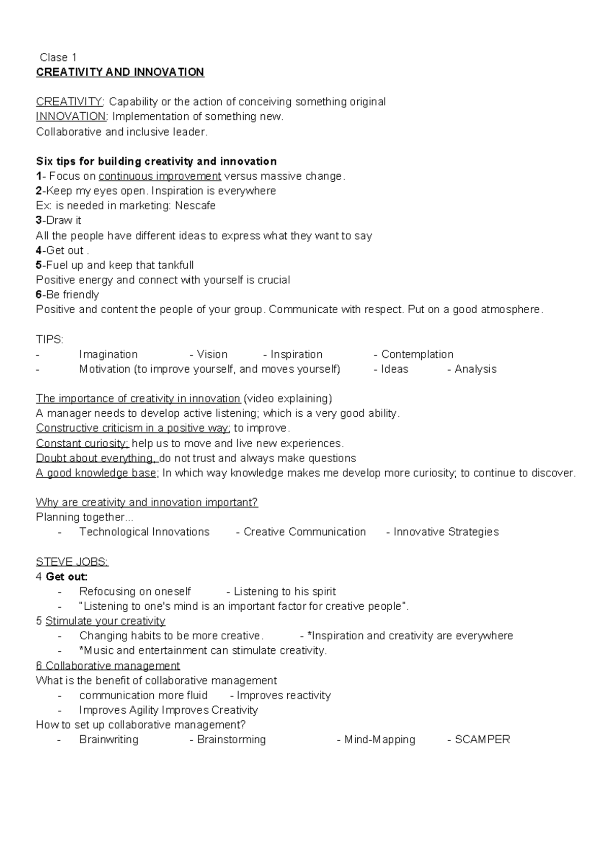 Management 2 - Clase 1 CREATIVITY AND INNOVATION CREATIVITY: Capability ...