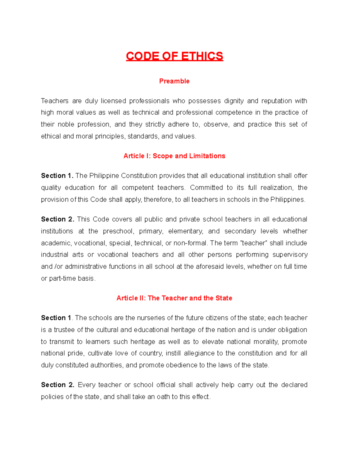 Code of Ethics Handouts - CODE OF ETHICS Preamble Teachers are duly ...