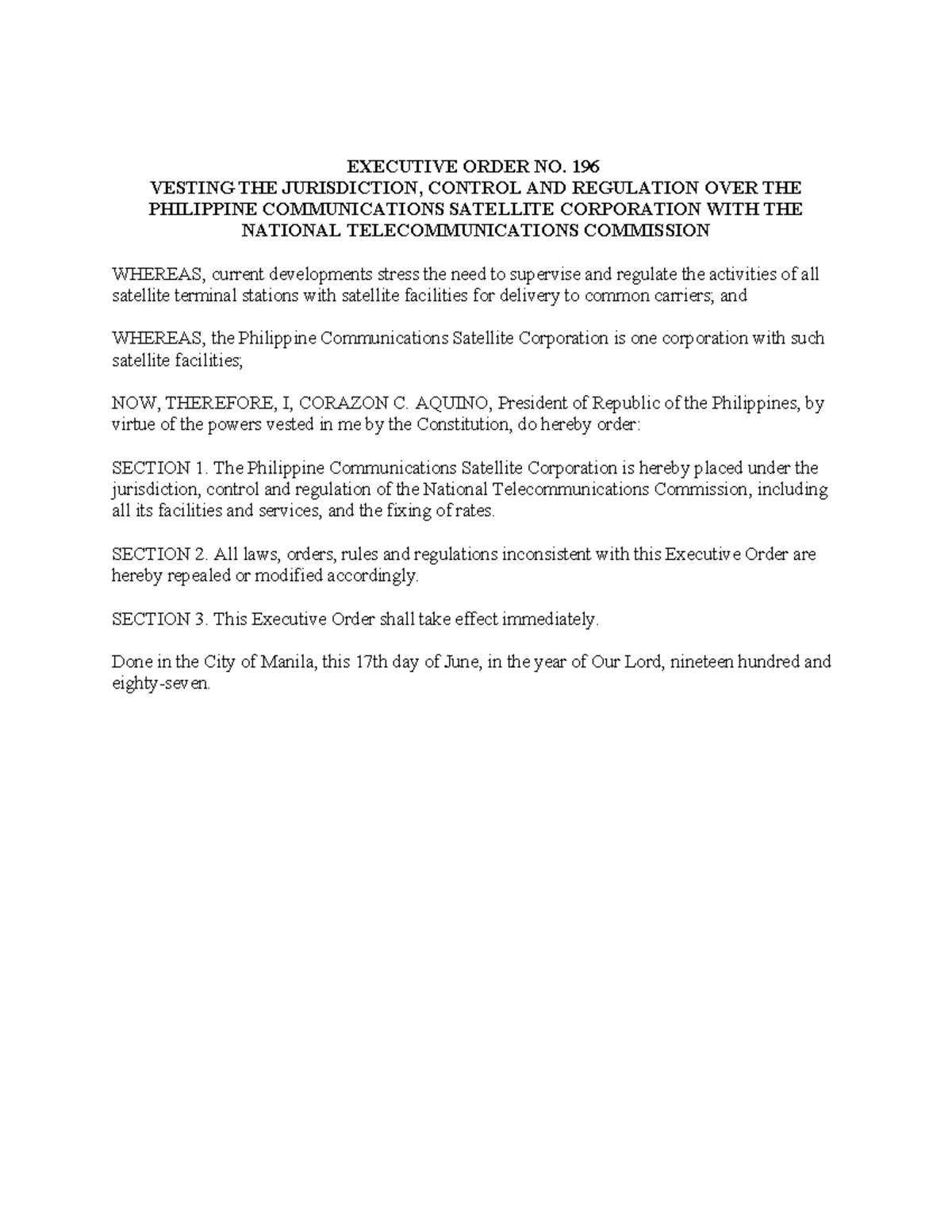 Eo196 - VESTING THE JURISDICTION, CONTROL AND REGULATION OVER THE ...