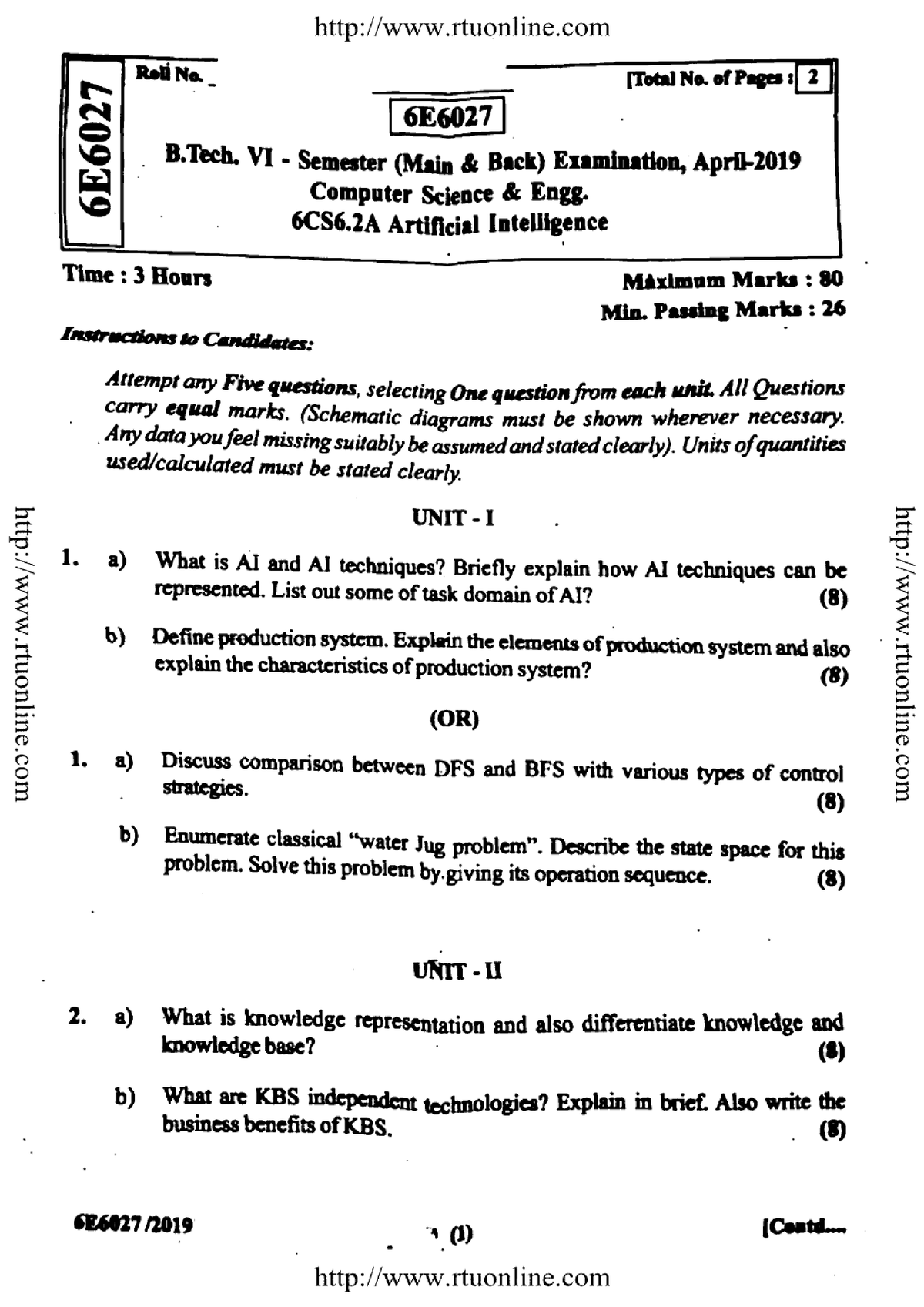 Btech cs 6 sem artificial intelligence 6e6027 apr 2019 - Studocu