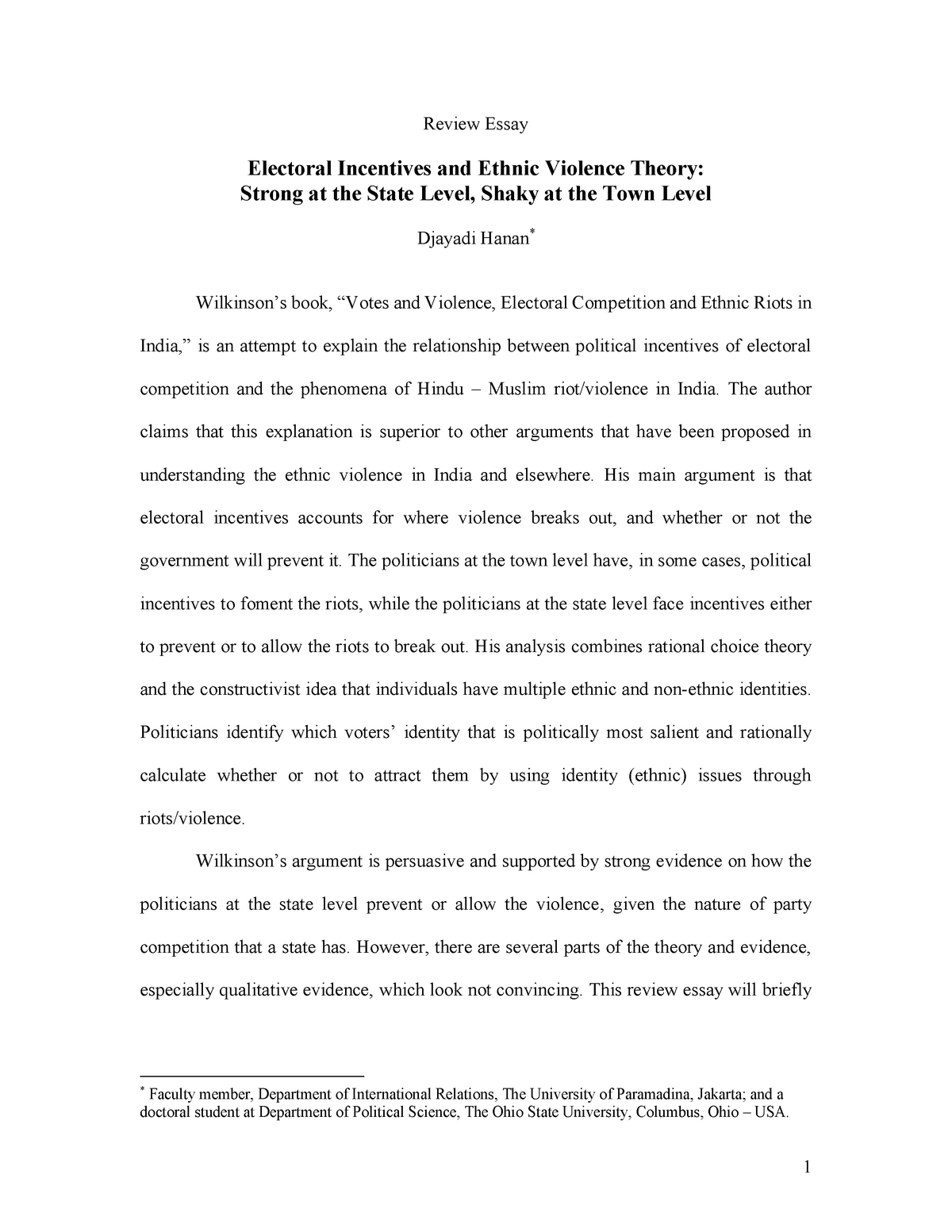 Contoh Review Essay Grade A Review Essay Electoral Incentives And Ethnic Violence Theory Studocu