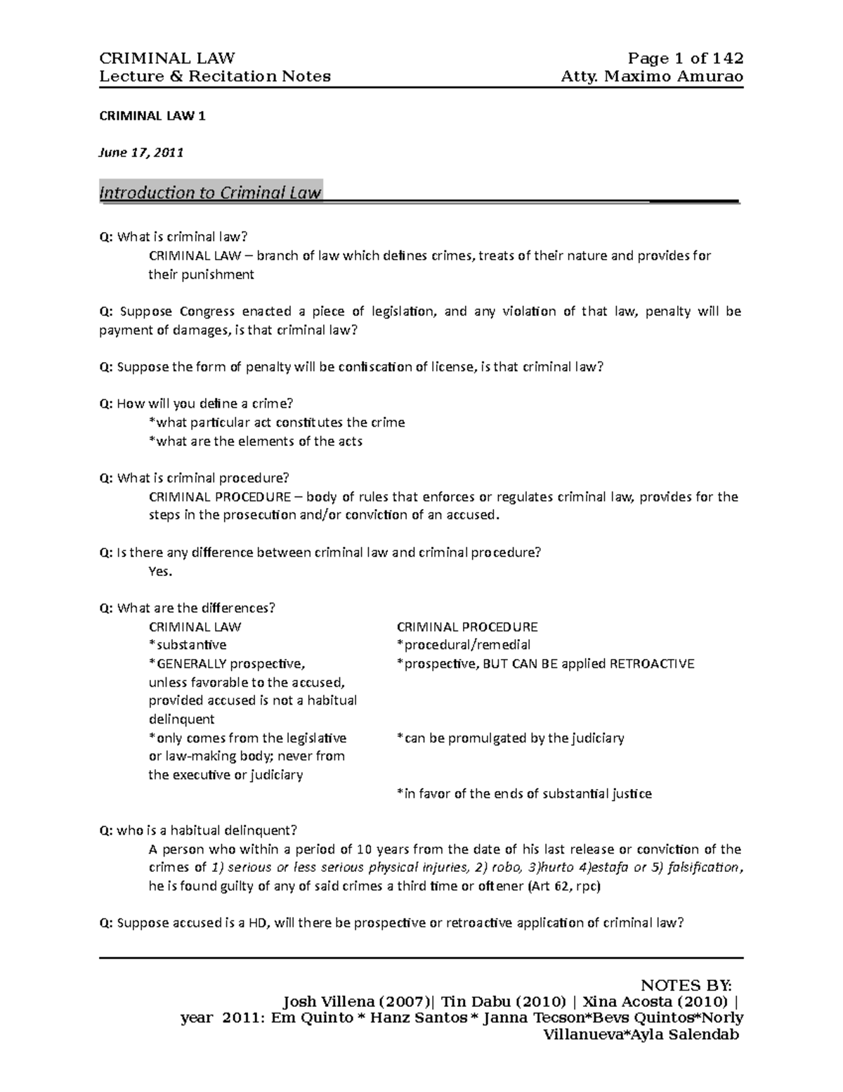 Criminal Law Lecture Notes - Studocu