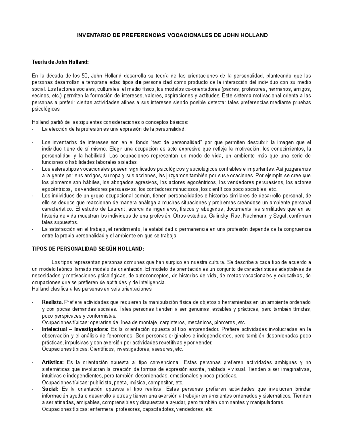 Orientacion Vocacional - Holland - INVENTARIO DE PREFERENCIAS ...