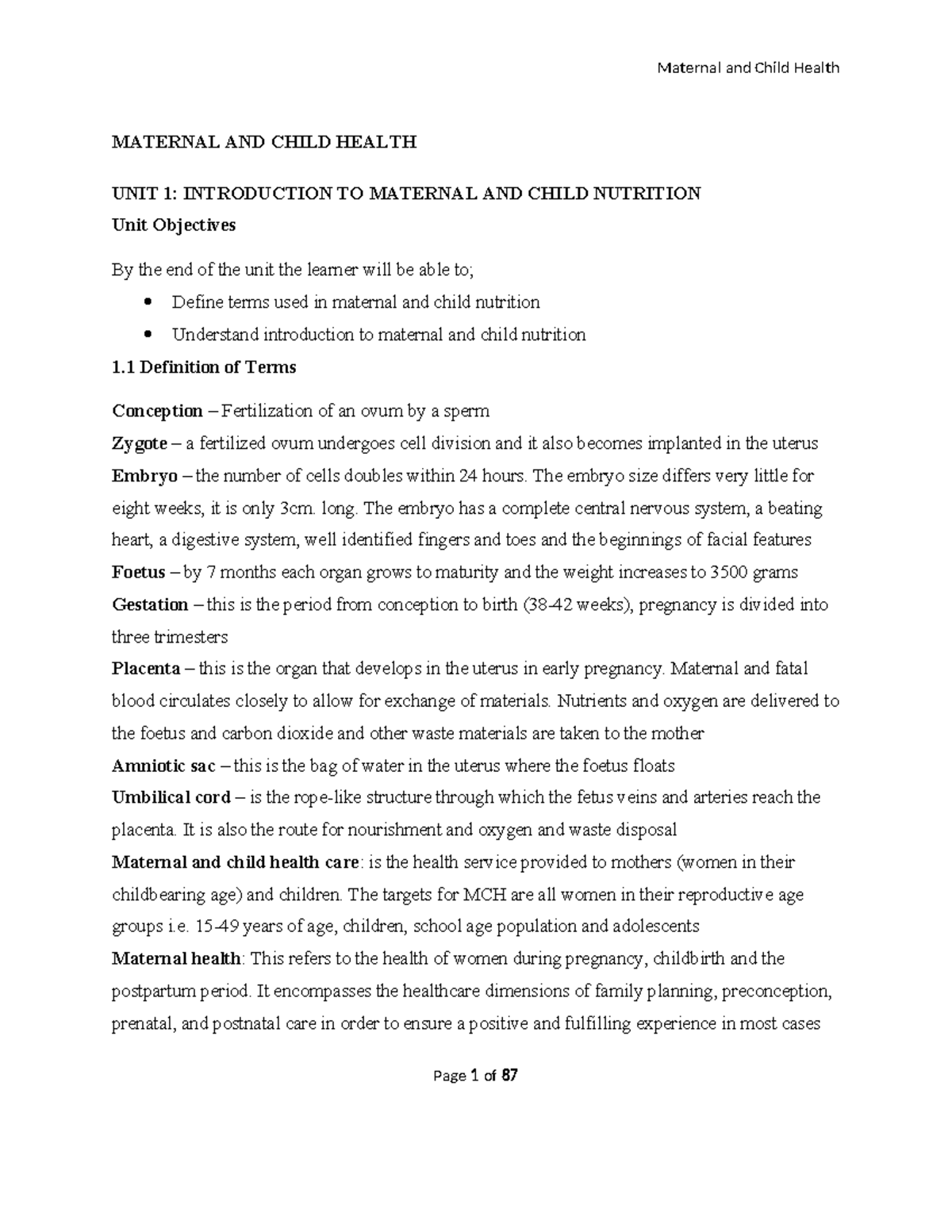 MCH final notes - Maternal and Child Health - MATERNAL AND CHILD HEALTH ...
