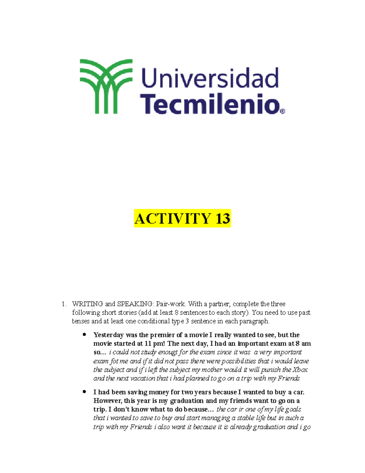 ACT 13 - Apuntes 2 - ingles basico - TecMilenio - Studocu