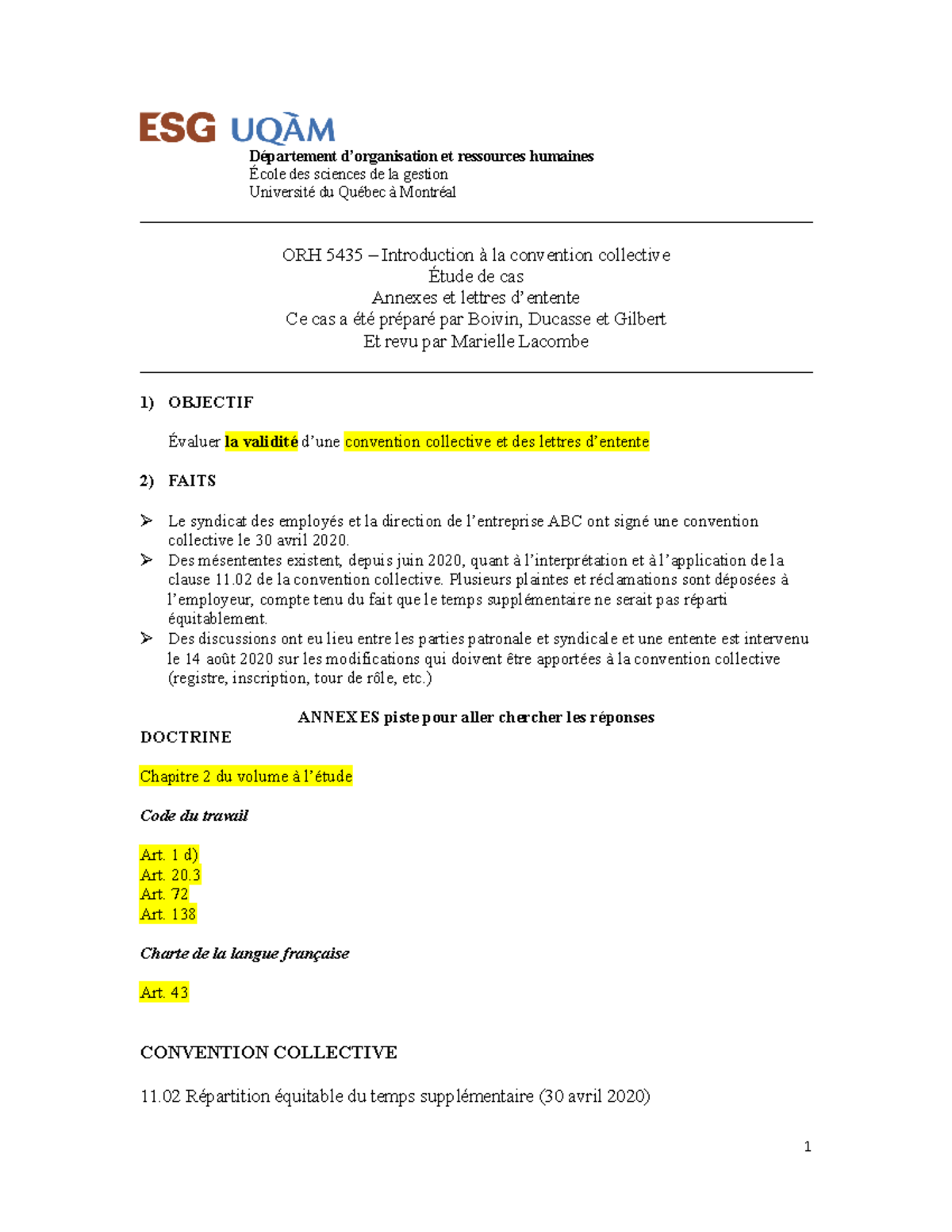 ORH5435 - Cours 2 + Cas annexe et lettre d'entente - Département d ...