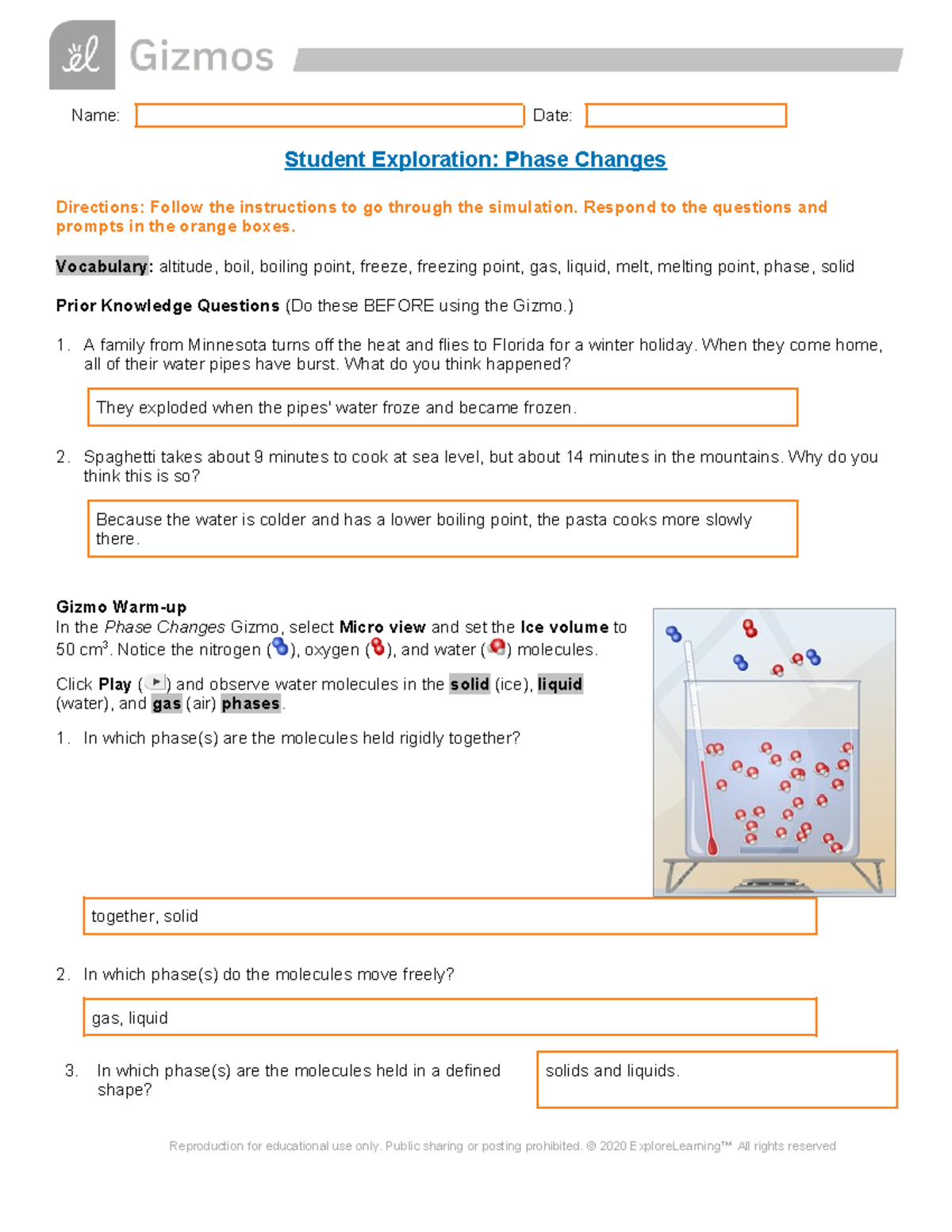 Copy of Phase Changes SE - Name: Date: Student Exploration: Phase ...