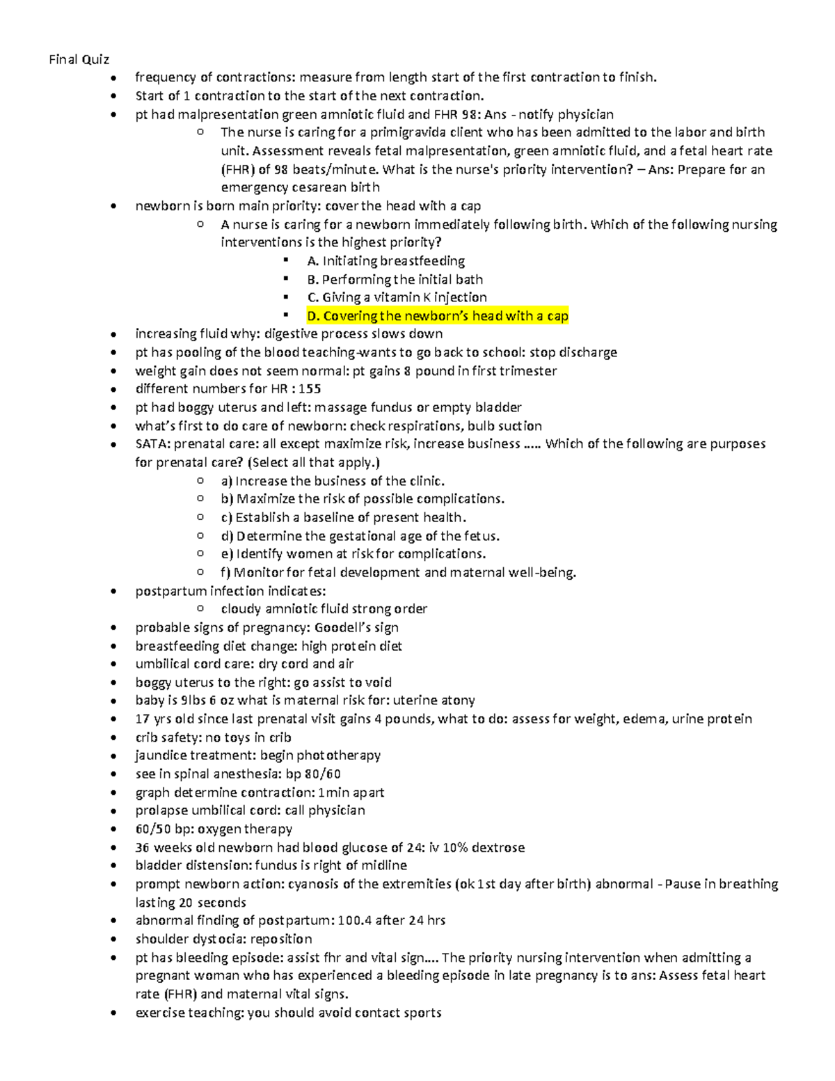 Ob Final Quiz Prof J..n - Final Quiz • Frequency Of Contractions 