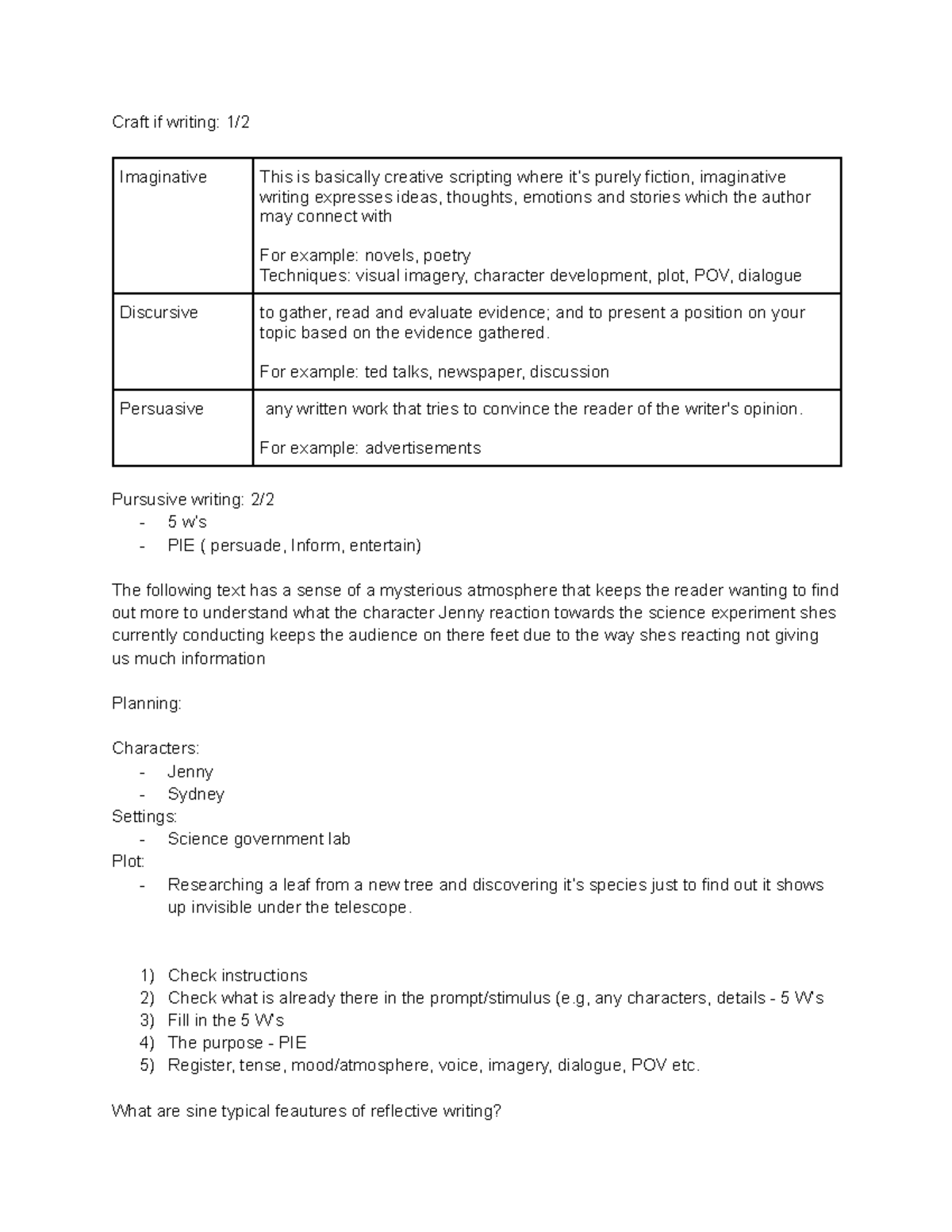 English - Craft if writing: 1/ Imaginative This is basically creative ...