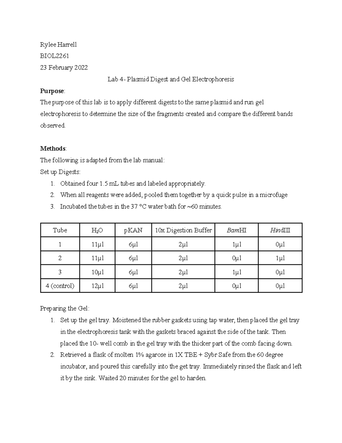 Lab 4 - Plasmid digest and gel electrophoresis - Rylee Harrell BIOL 23 ...