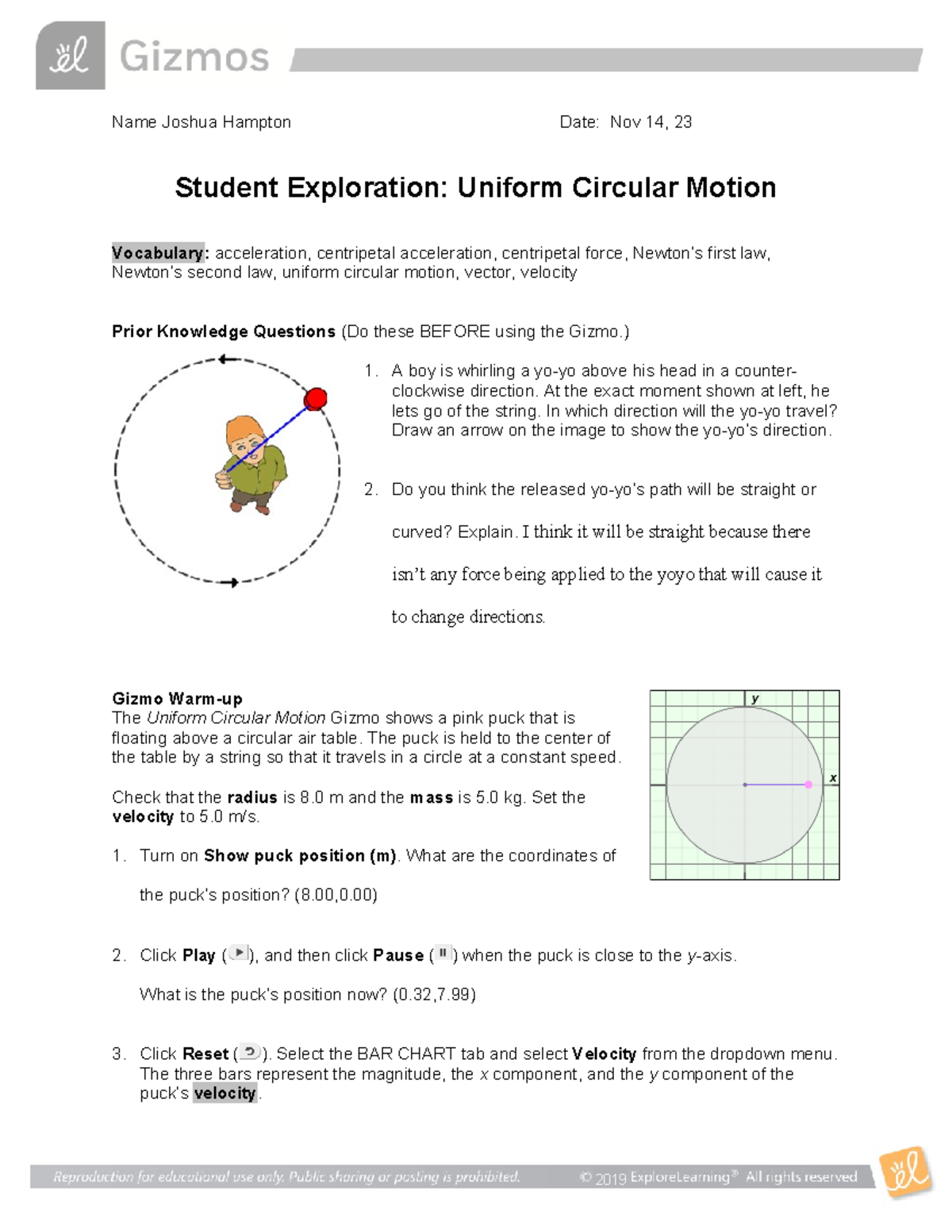 Uniform Circular Motion SE - Name Joshua Hampton Date: Nov 14, 23 ...
