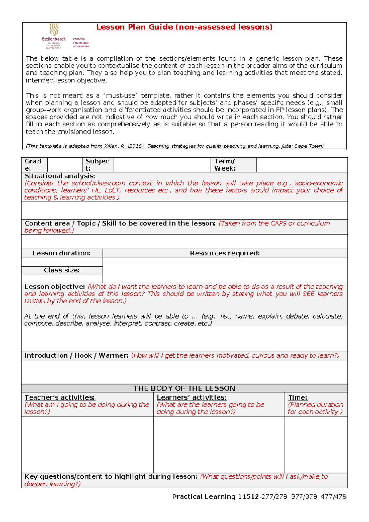 PL Lesson Plan non-assessed lesson - Lesson Plan Guide (non-assessed ...