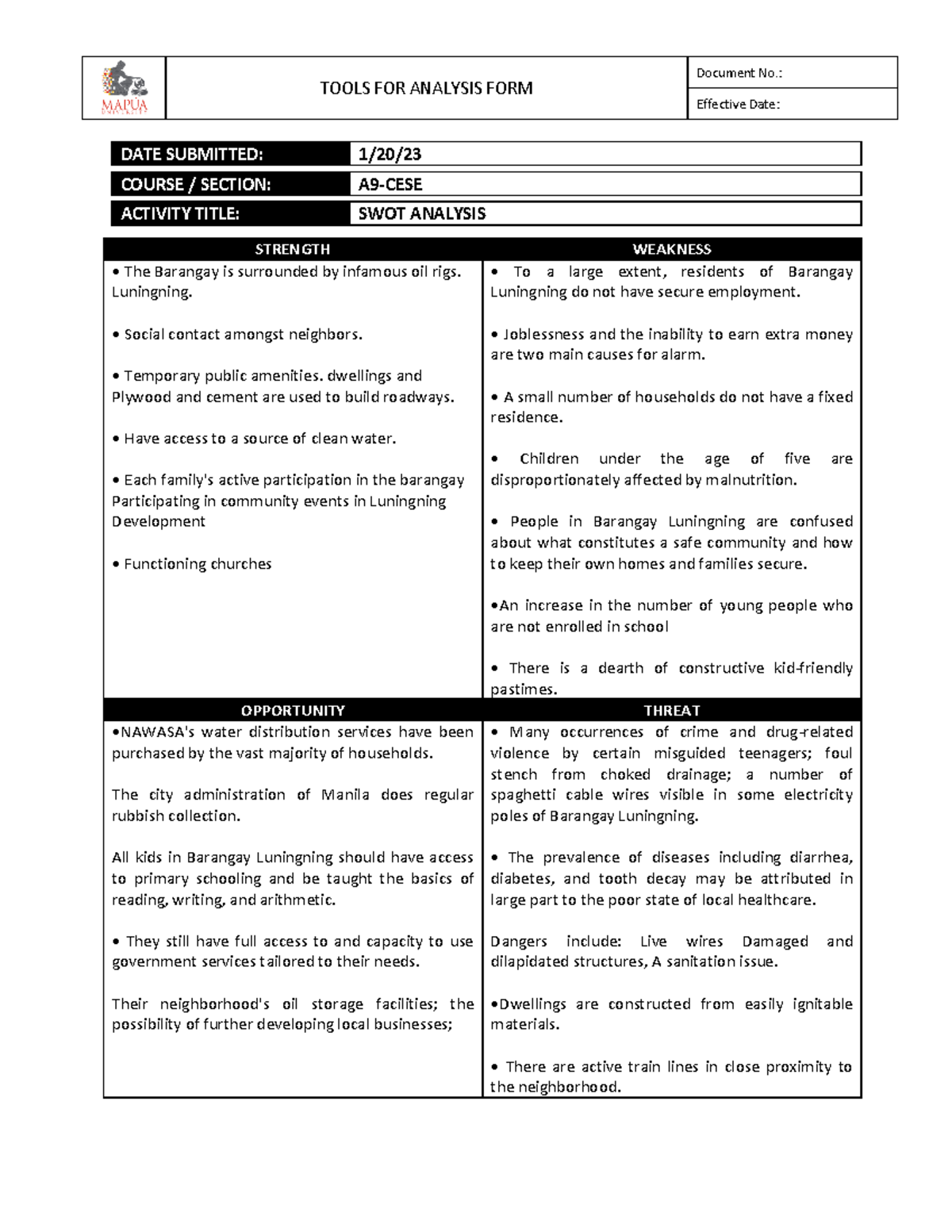 swot analysis for assignment