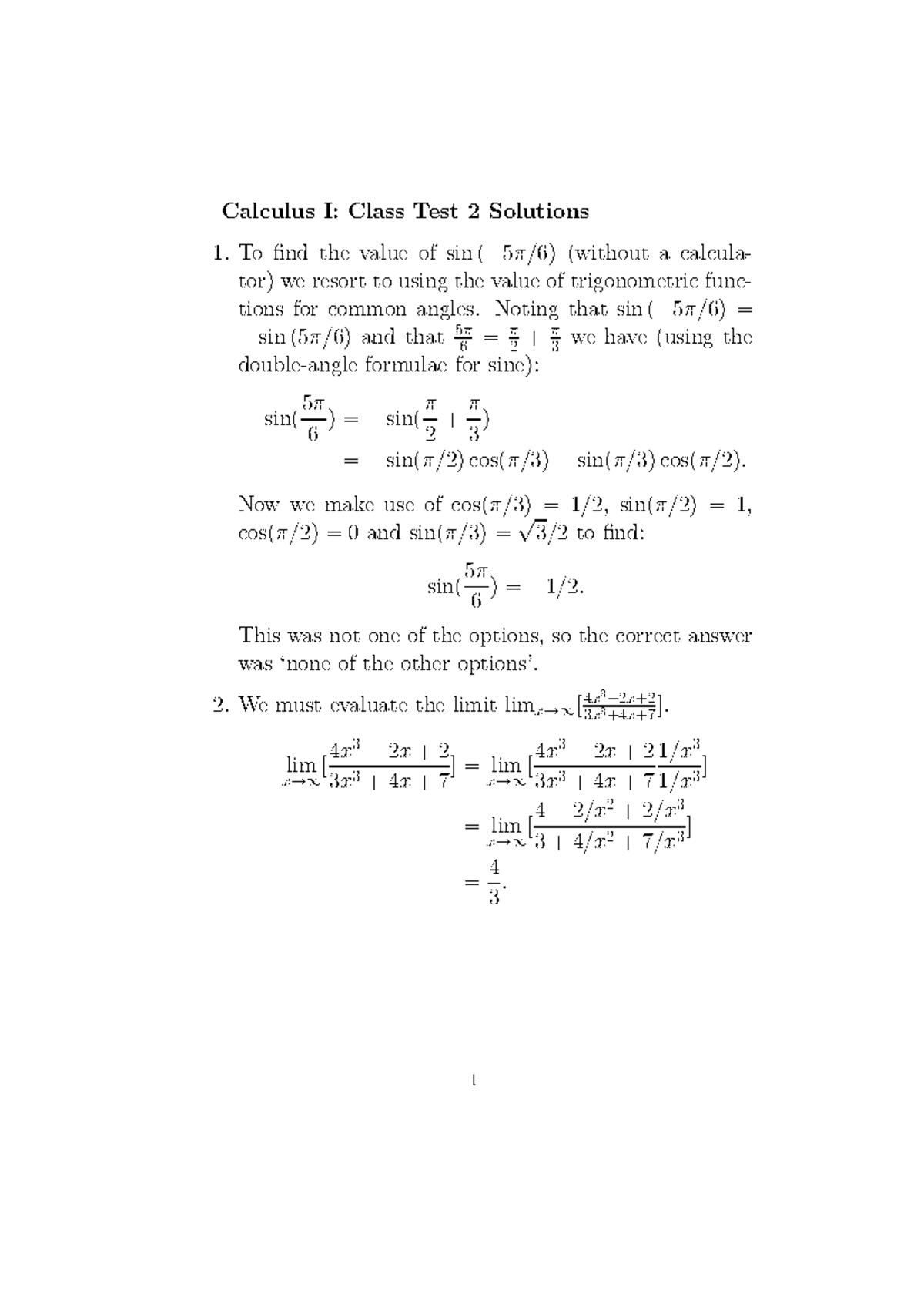 Test 2 7 October 2018, answers - Calculus I: Class Test 2 Solutions To ...