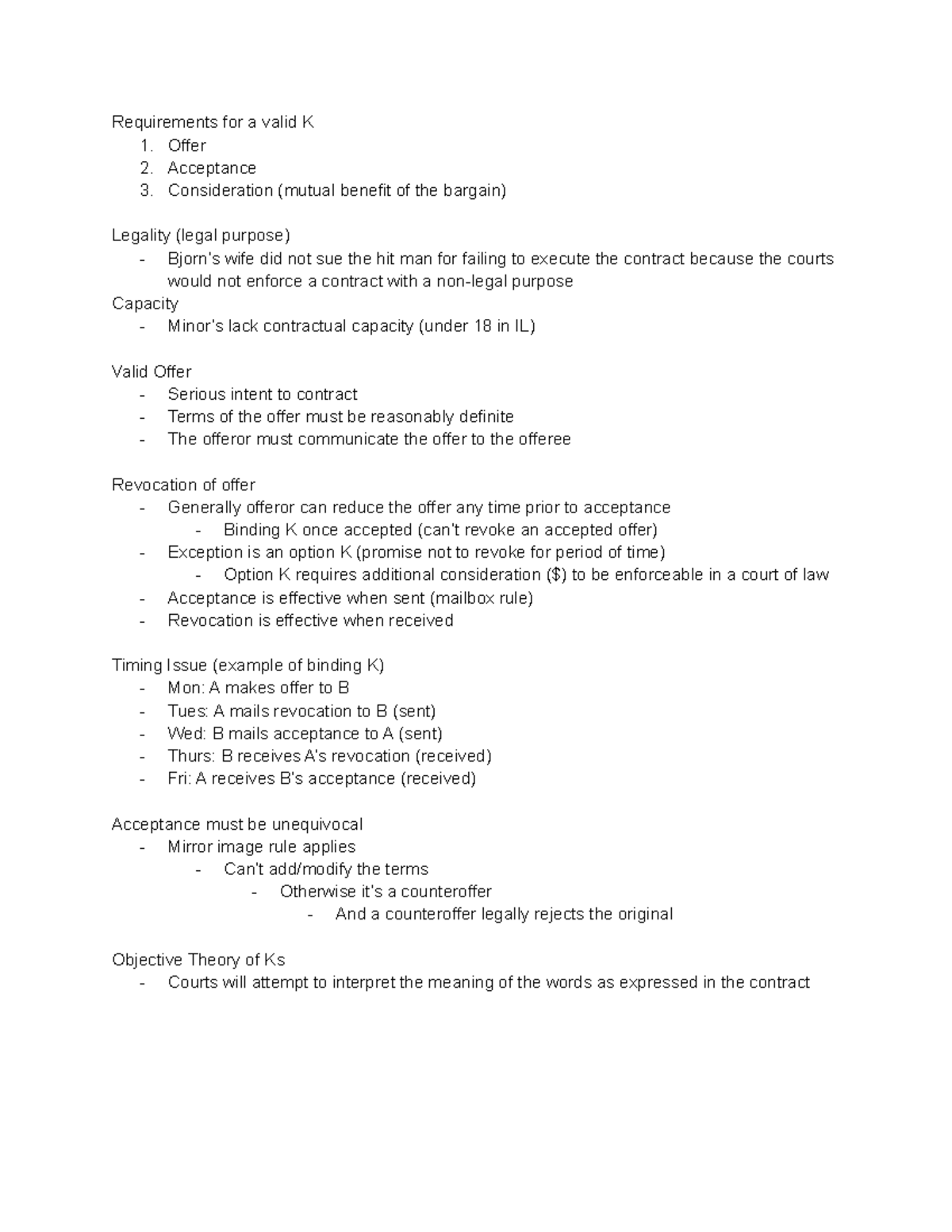 20: Contract Law - Berg - Requirements for a valid K 1. Offer 2 ...