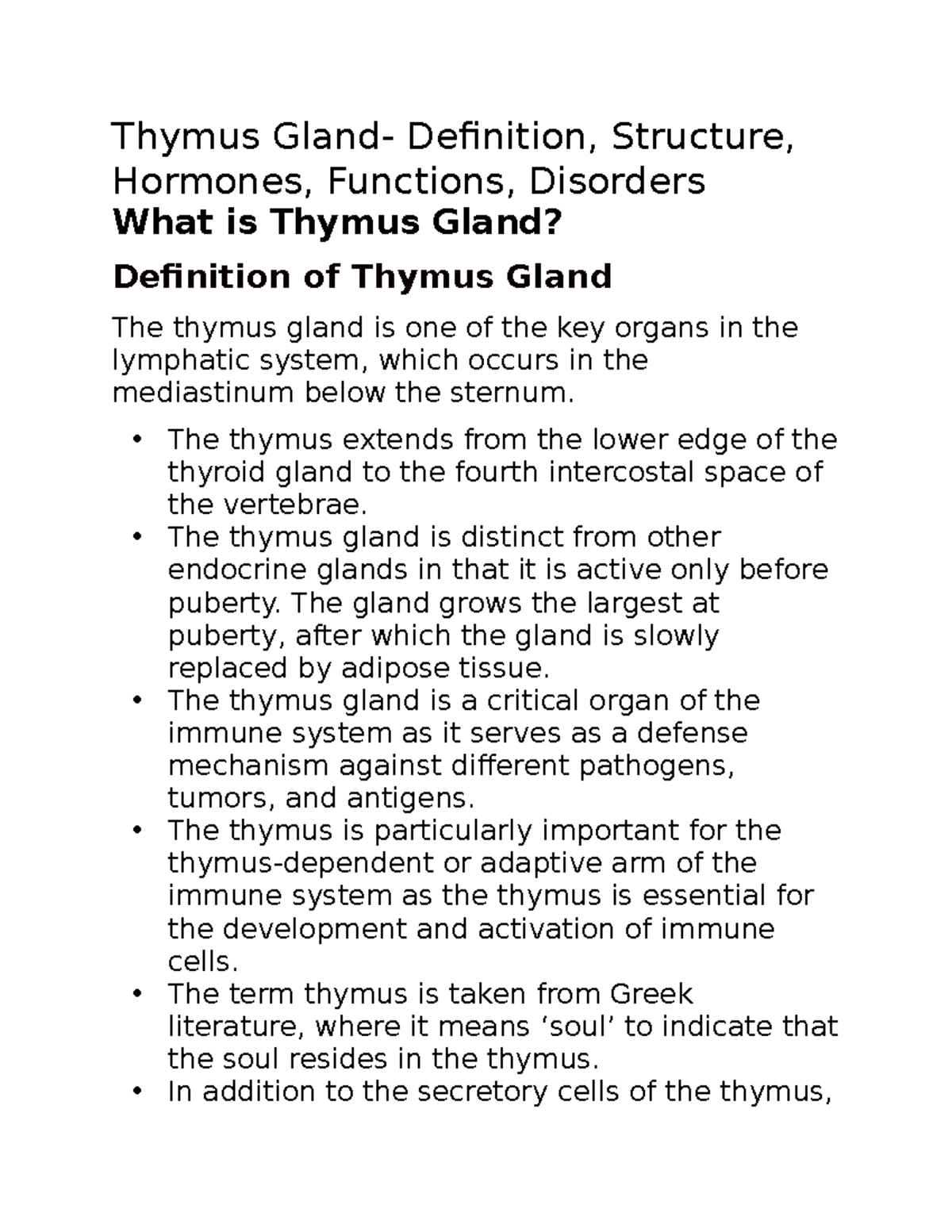 Bio 36 notes Thymus Gland Definition, Structure, Hormones