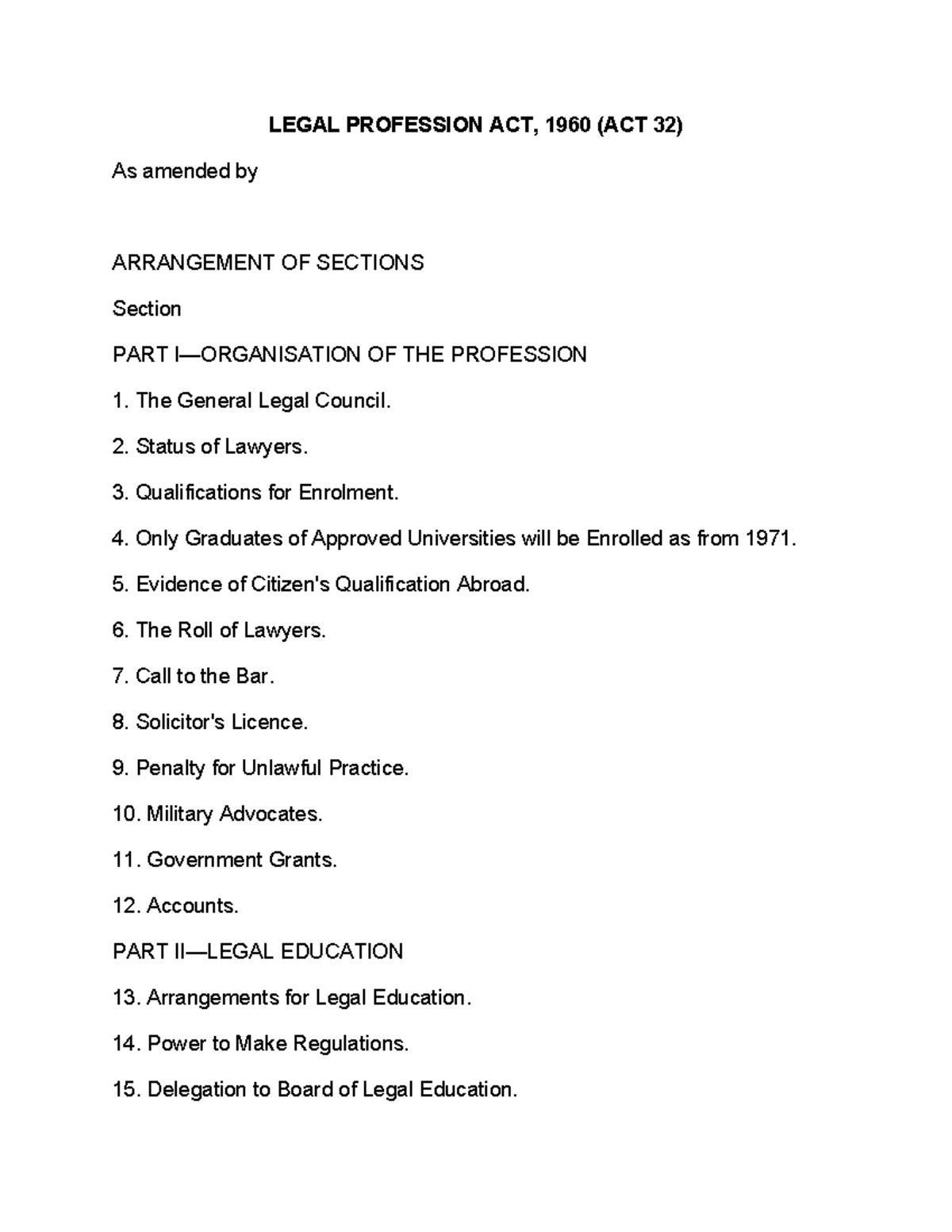 Legal Profession ACT 1960 ACT 32 LEGAL PROFESSION ACT, 1960 (ACT 32
