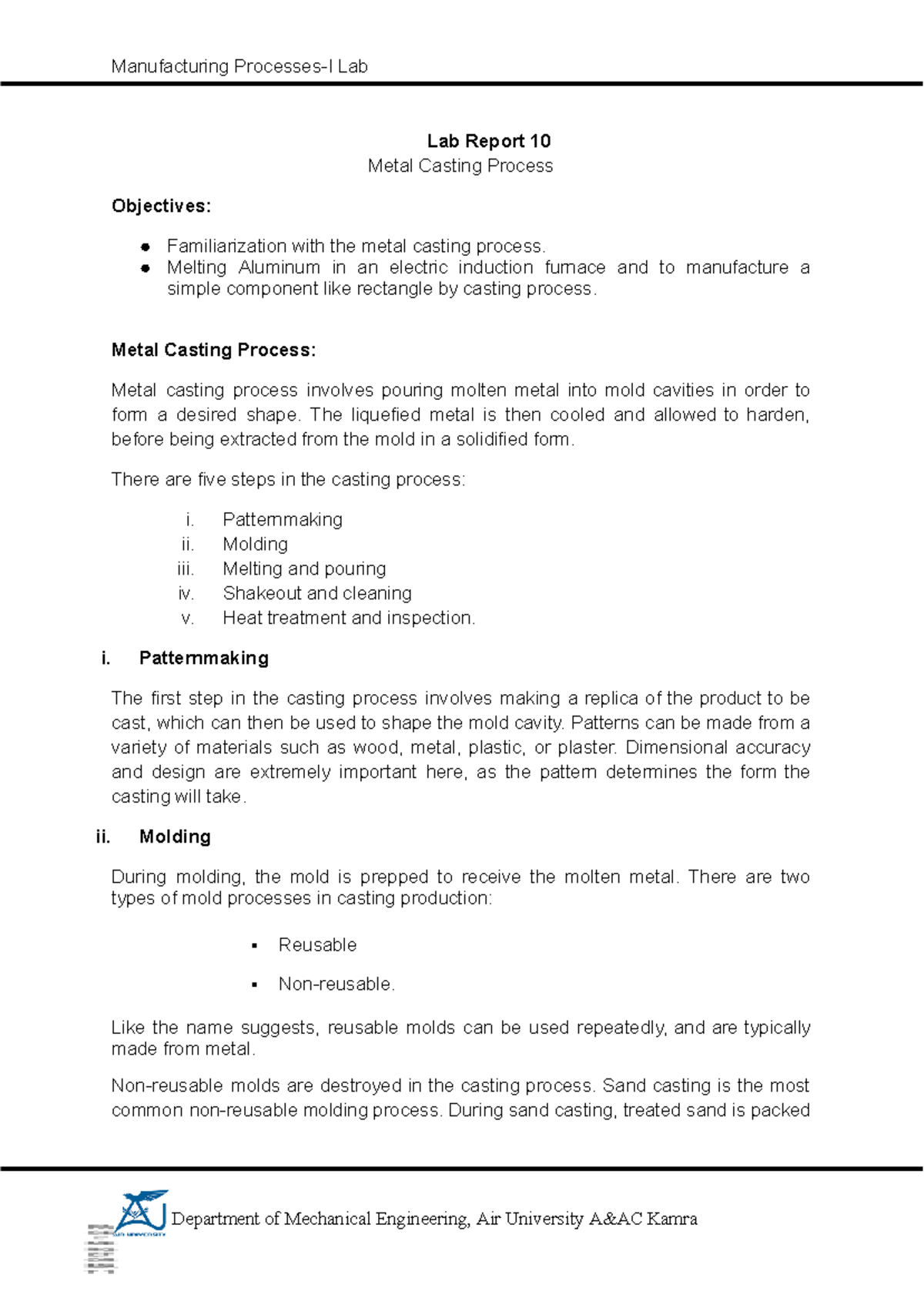 Lab 10 (Manufacturing Processes-I BEME-F22 Spring 2024) - Lab Report 10 ...
