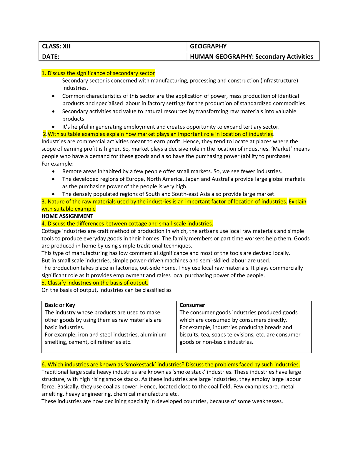 12- Geography secondary activities - CLASS: XII GEOGRAPHY DATE: HUMAN ...