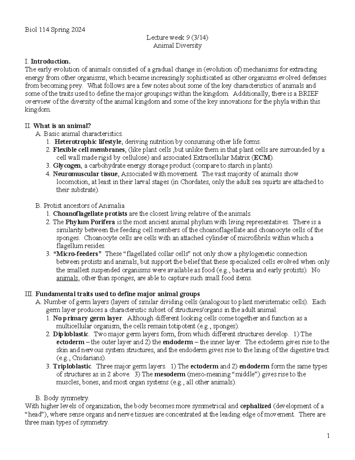 Lecture week 9 (3-14) - Notes Animal Diversity - Biol 114 Spring 2024 ...