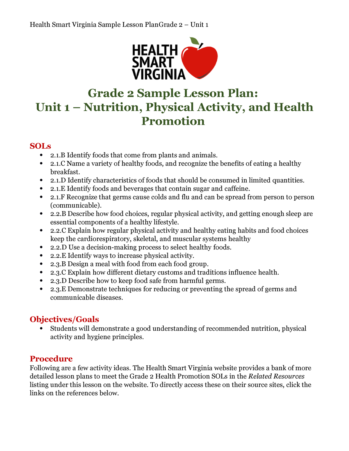 Gr2 Hp 1 Health Promotion - Grade 2 Sample Lesson Plan: Unit 1 ...