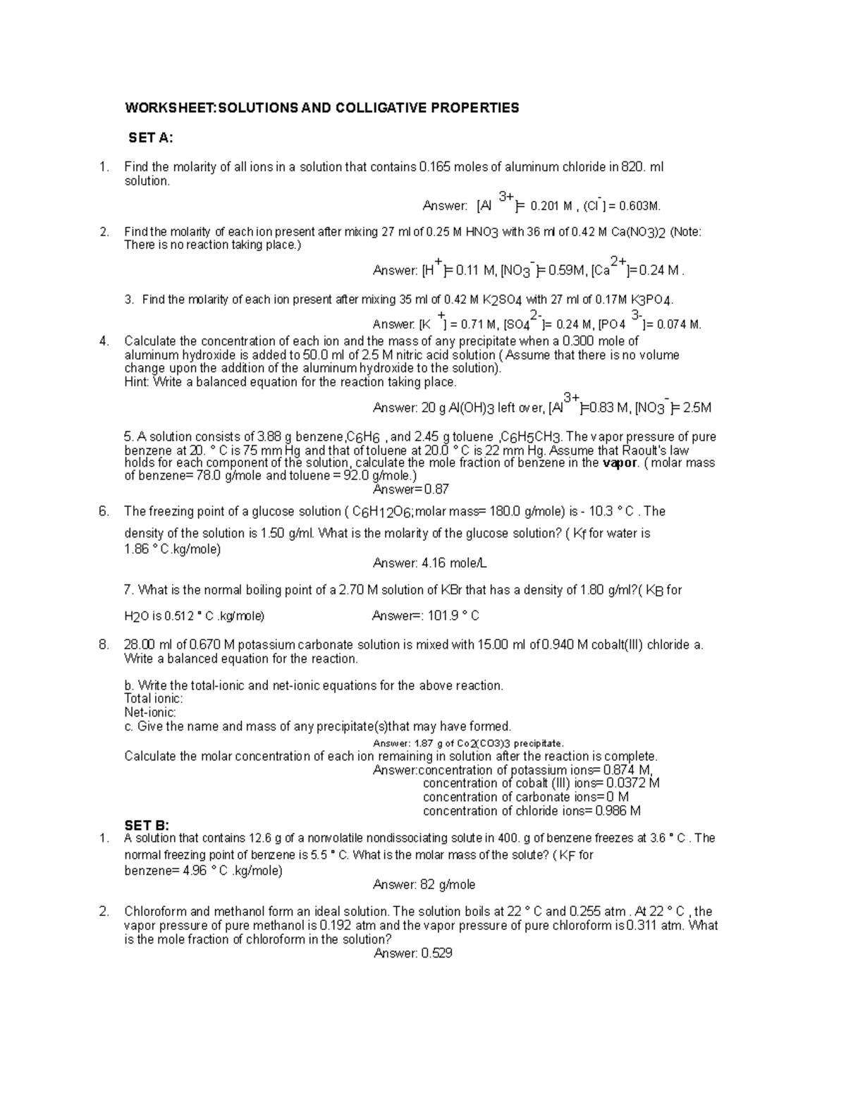 Worksheet Colligative WORKSHEET SOLUTIONS AND COLLIGATIVE PROPERTIES Worksheet Colligative WORKSHEET SOLUTIONS AND COLLIGATIVE PROPERTIES
