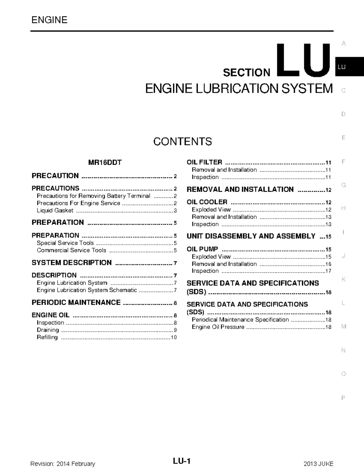 Engine Lubrication System - LU- ENGINE C D E F G H I J K L M SECTION LU ...