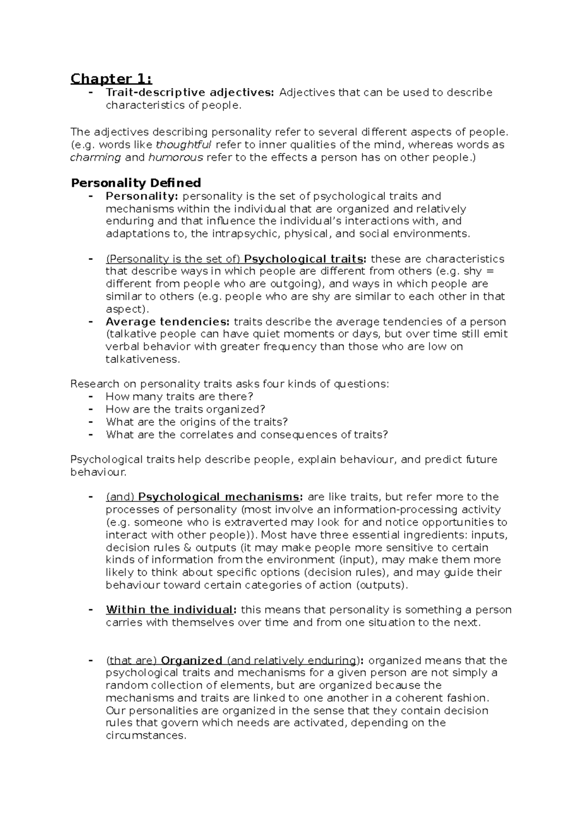 Summary Chapter 1 Personality Psychology Domains