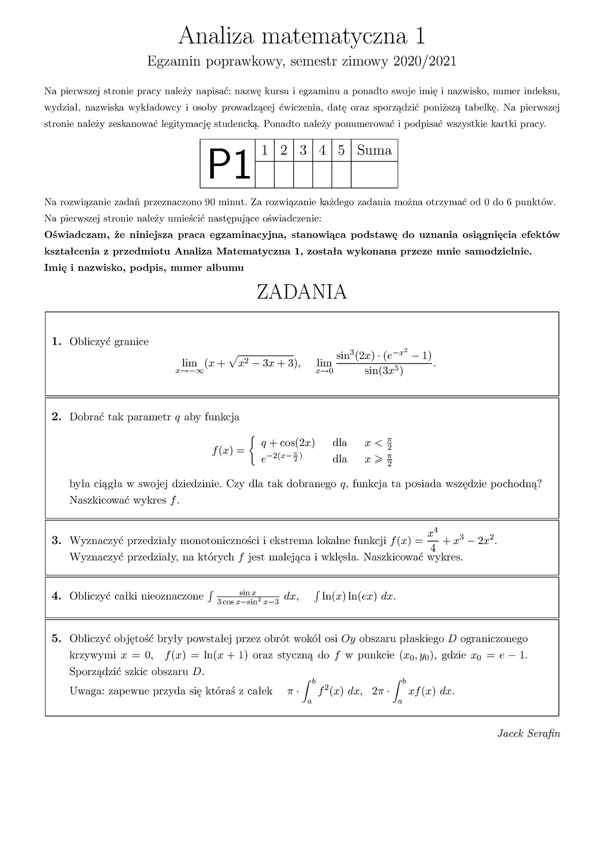 Egzamin Serafin Przykłady - Analiza Matematyczna 1 Egzamin Poprawkowy ...