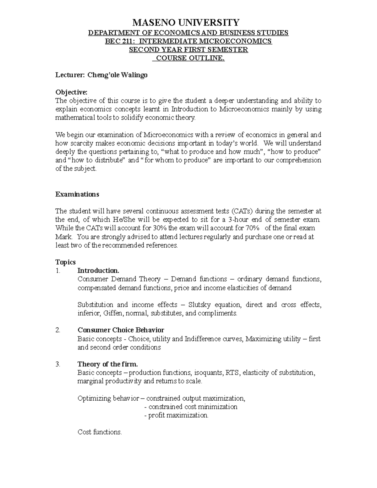 0. Intermediate Microeconomics Course Outline - MASENO UNIVERSITY ...