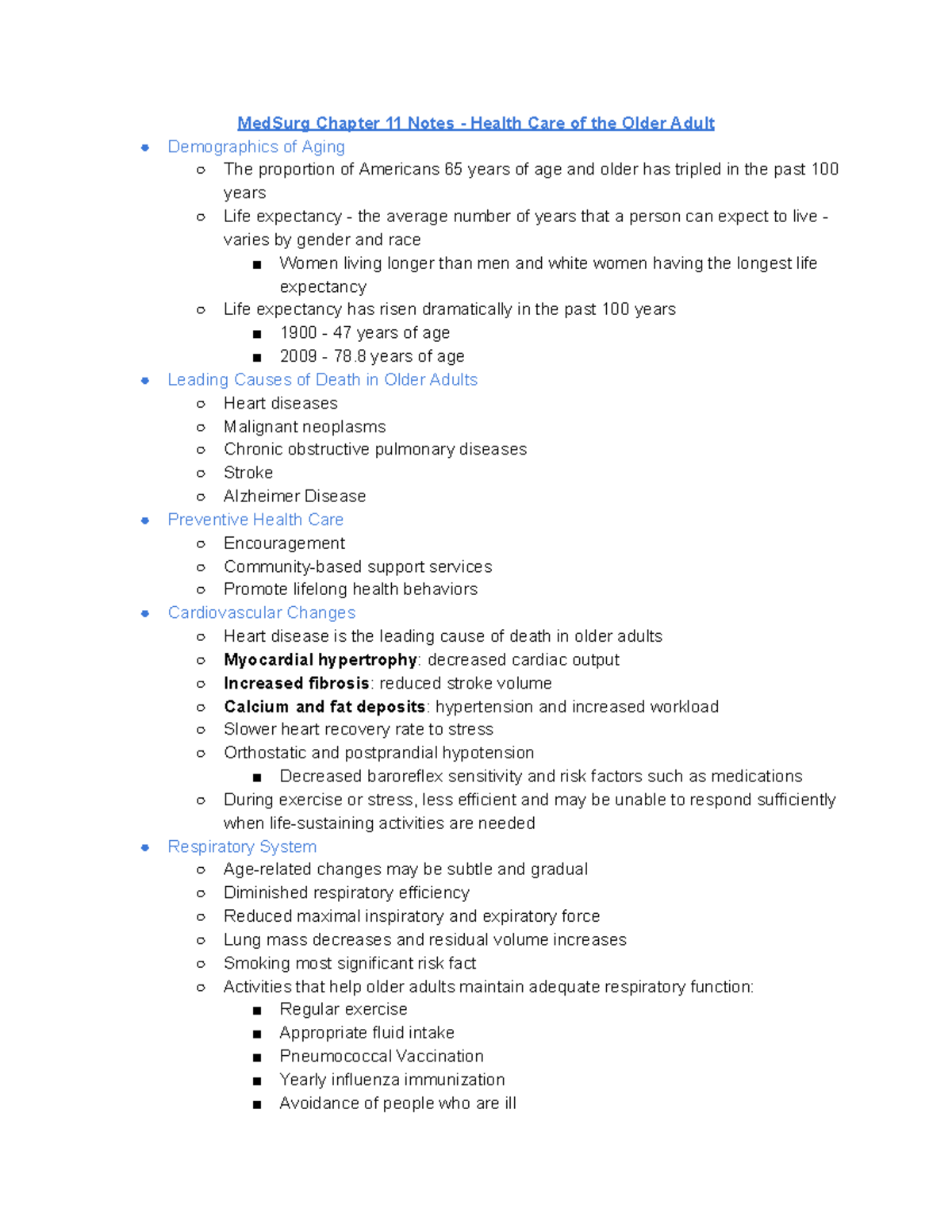 Med Surg Chapter 11 Notes - Health Care of the Older Adult - Studocu