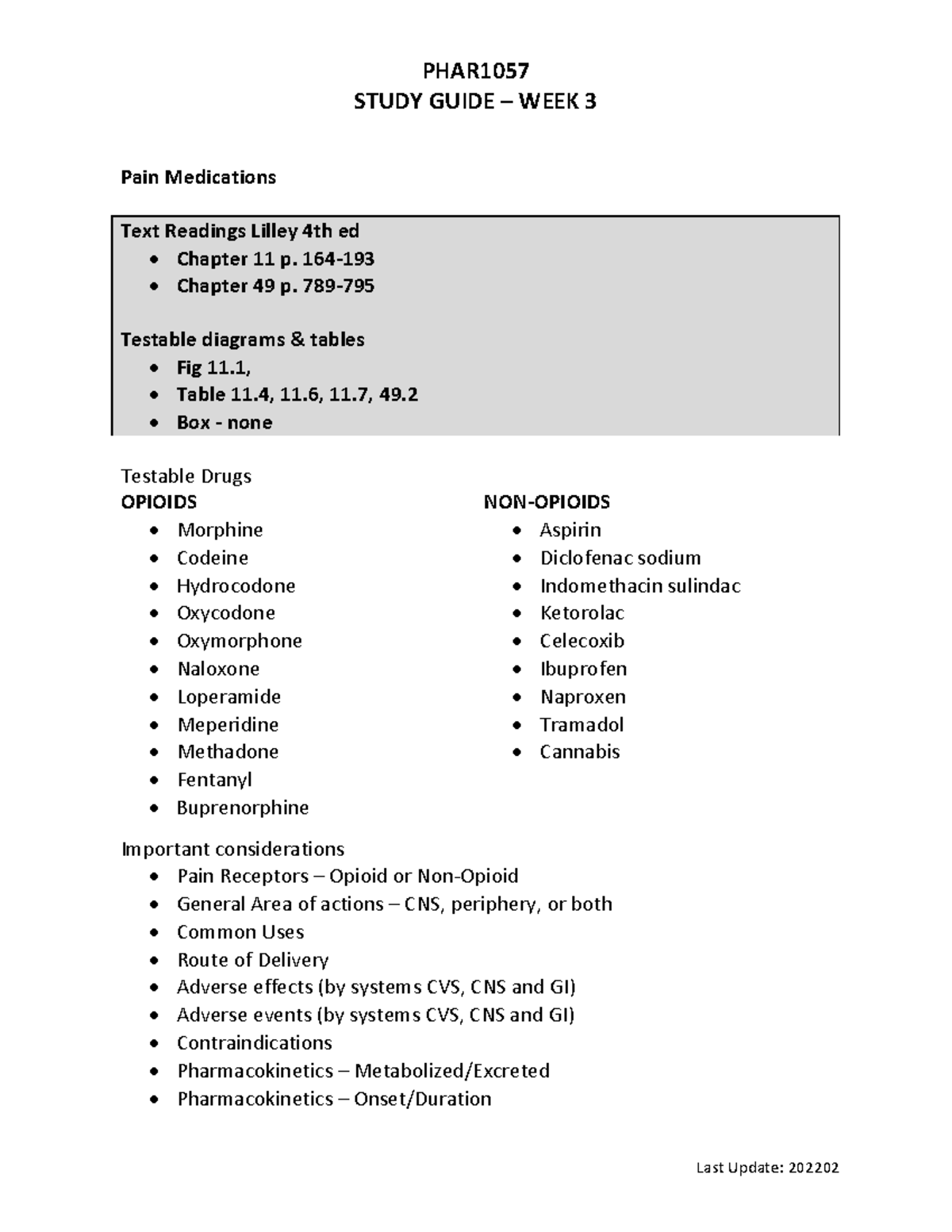 Study Guide Week 3 Pain Medications PHAR STUDY GUIDE WEEK 3