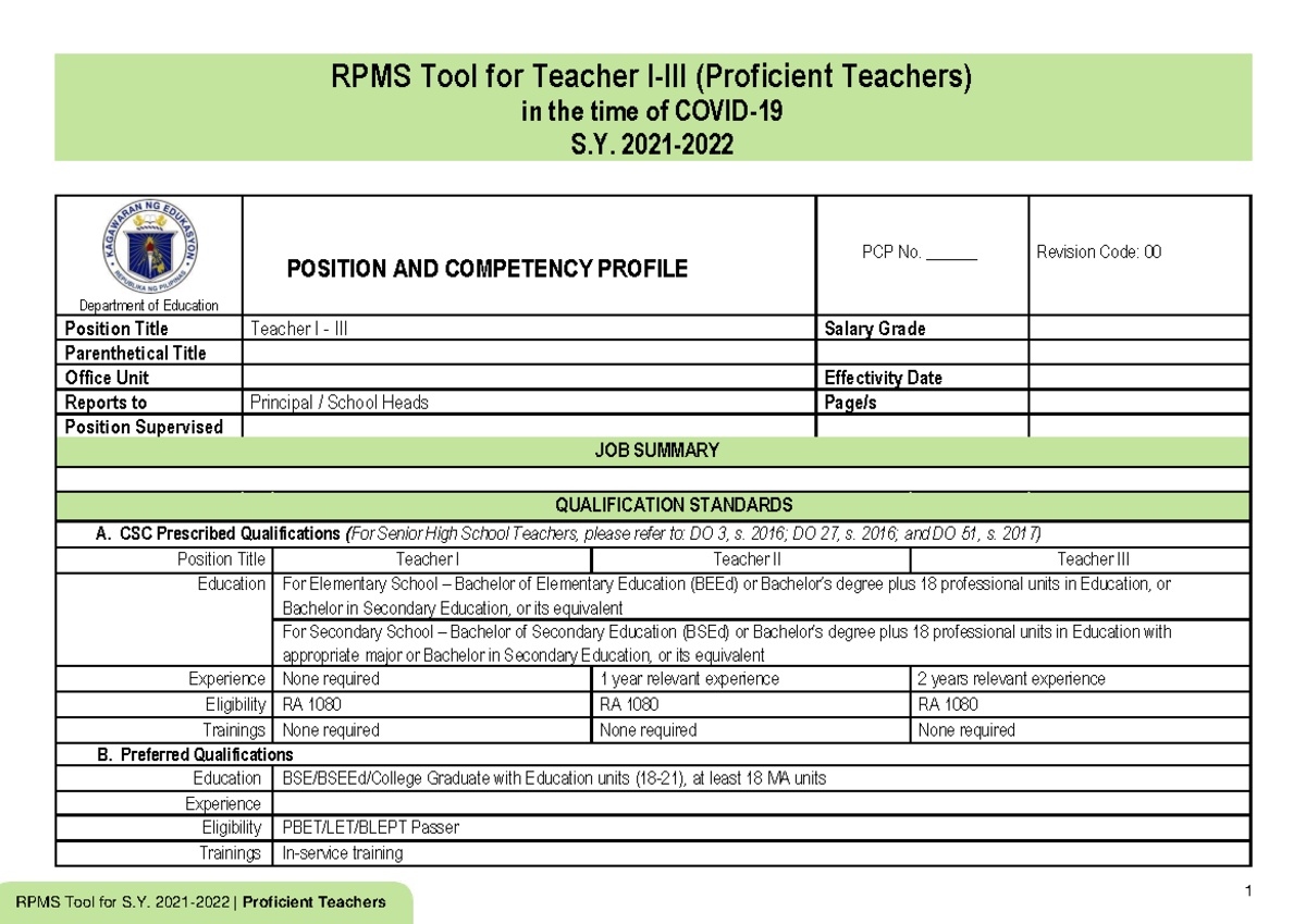 [Appendix 1A] RPMS Tool For Proficient Teachers SY 2021-2022 In The ...