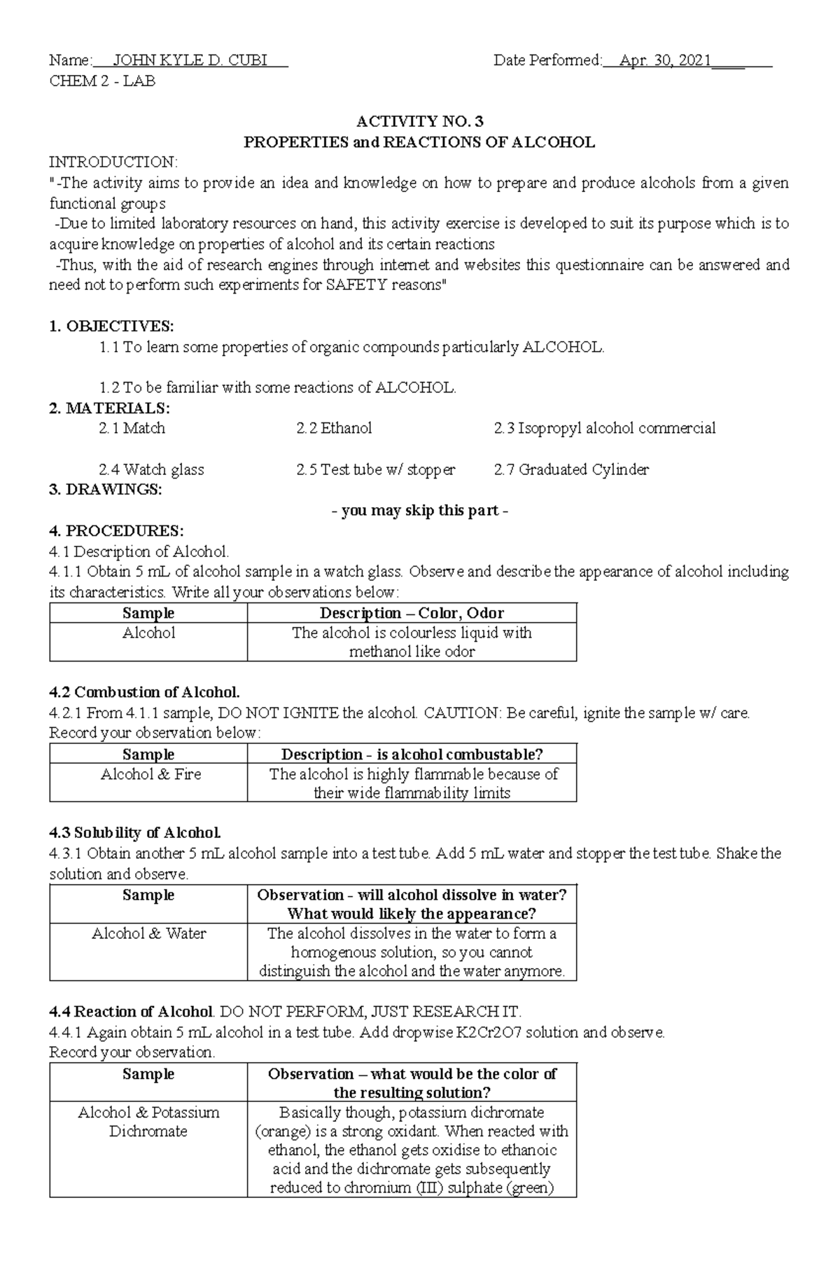 Activity 3 Alcohols(Cubi,A) - Name: JOHN KYLE D. CUBI Date Performed ...