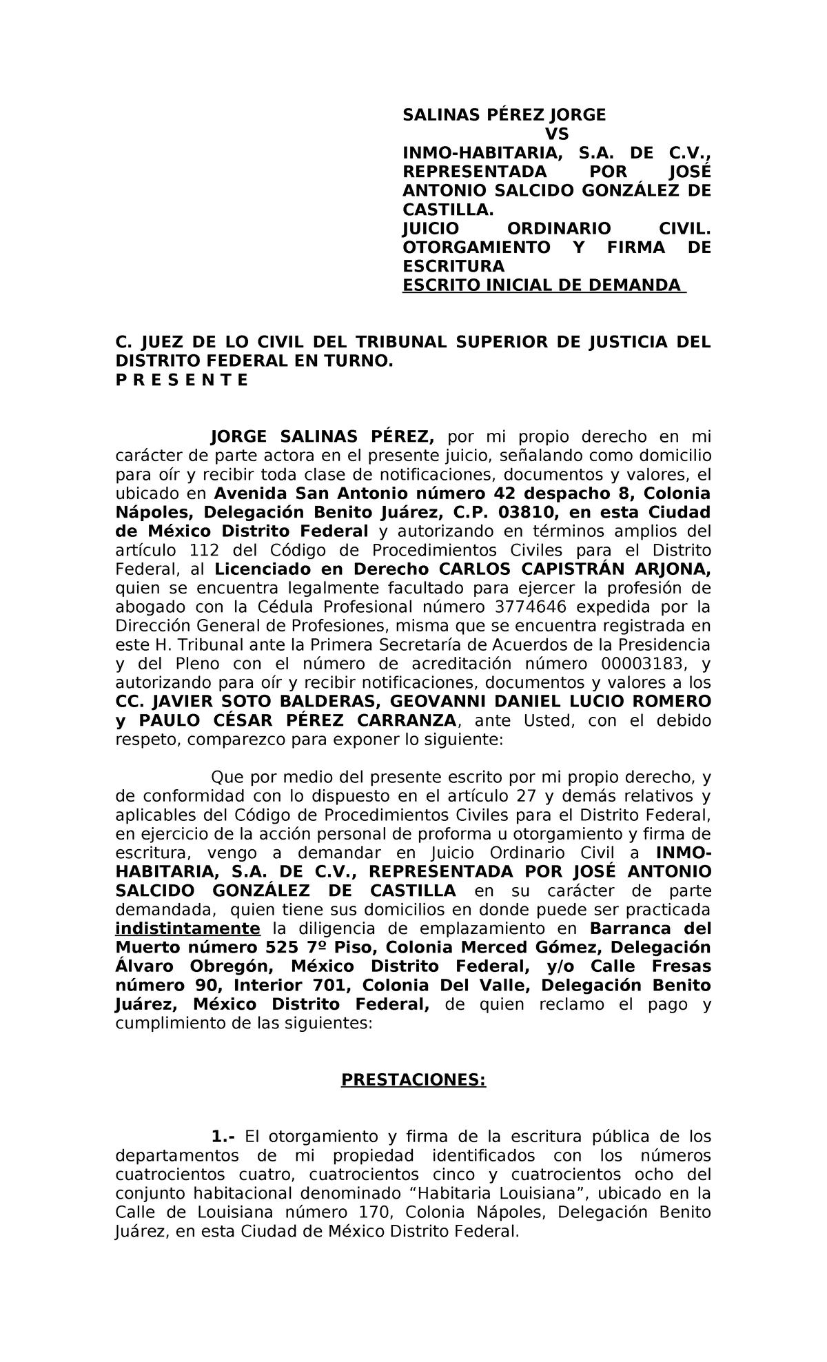 Demanda Otorgamiento y Firma de escritura - SALINAS PÉREZ JORGE VS INMO ...