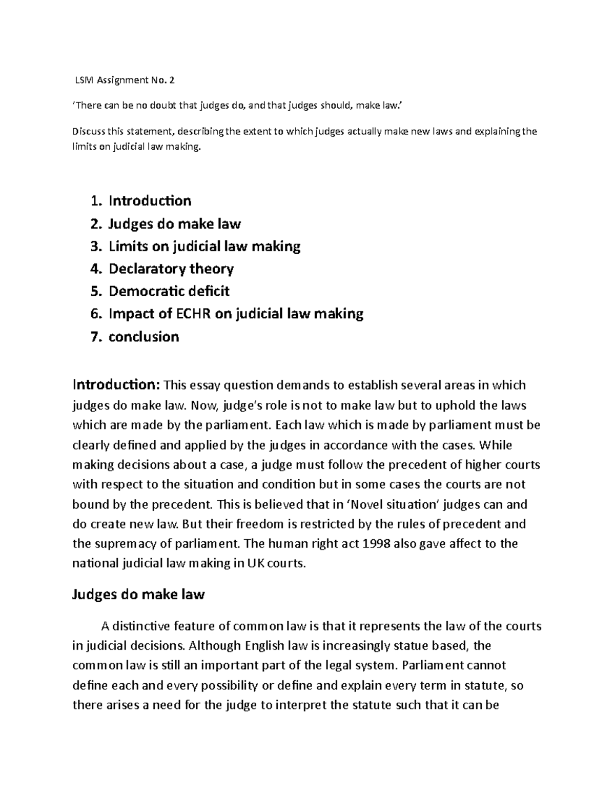Judges do make law in the UK constitution - LSM Assignment No. 2 ‘There ...