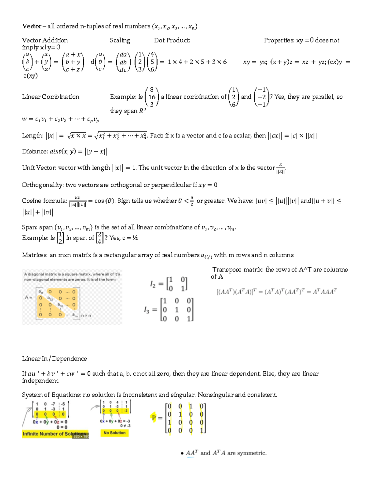 Cheat Sheet Linear Vector All Ordered N Tuples Of Real Numbers 𝑥 𝑥 𝑥 𝑥