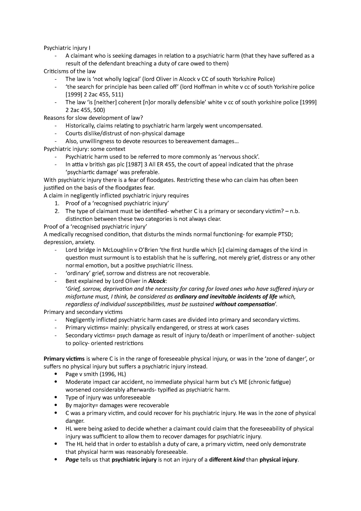 Tort law (psychiatric injury) - Psychiatric injury I - A claimant who ...